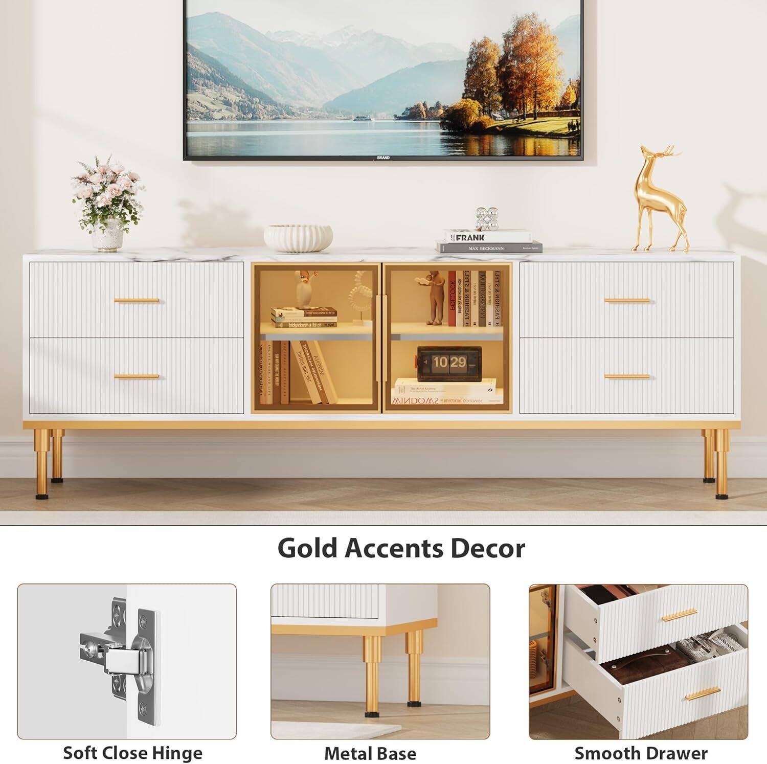 1 FRANK - NFTI uTTE k | E 10 0.29 SMOONIAL - LIVTY 221 Gold Accents Decor Soft Close Hinge Metal Base Smooth Drawer