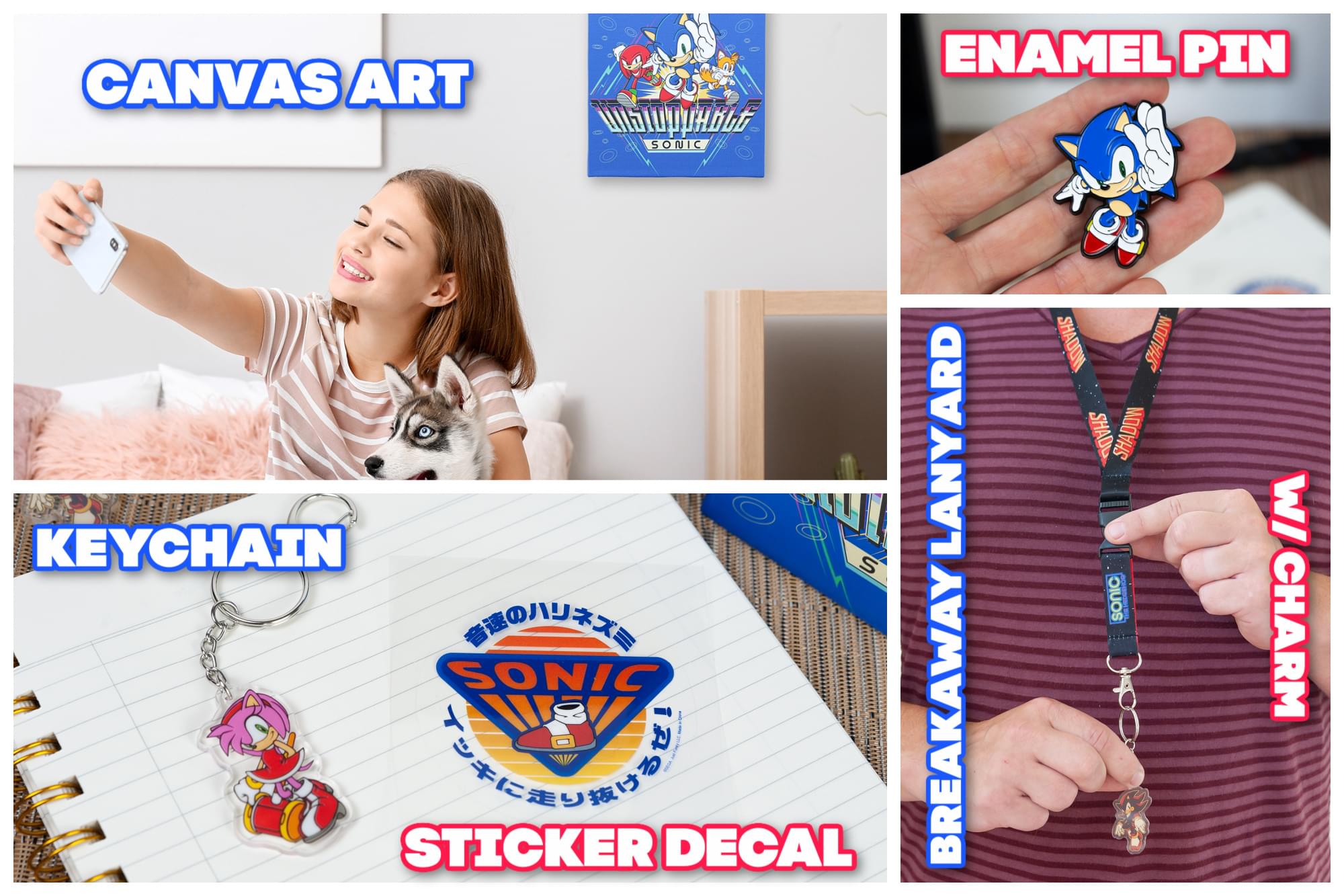 CANVAS ART  
SONIC ENAMEL PIN  
KEYCHAIN  
STICKER DECAL  
BREAKAWAY LANYARD W/ CHARM