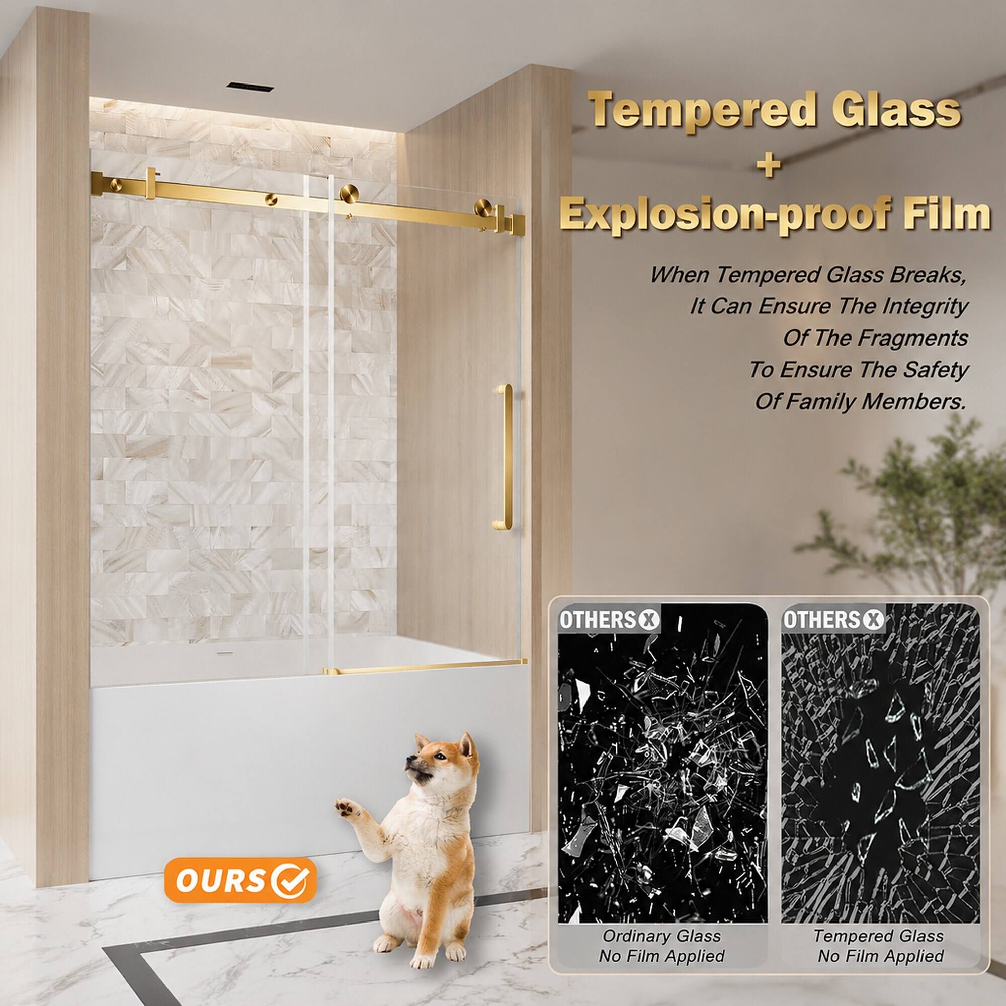 Tempered Glass + Explosion-proof Film  
When Tempered Glass Breaks, It Can Ensure The Integrity Of The Fragments To Ensure The Safety Of Family Members.

OTHERS X  
OTHERS X  
OURS

Ordinary Glass No Film Applied  
Tempered Glass No Film Applied