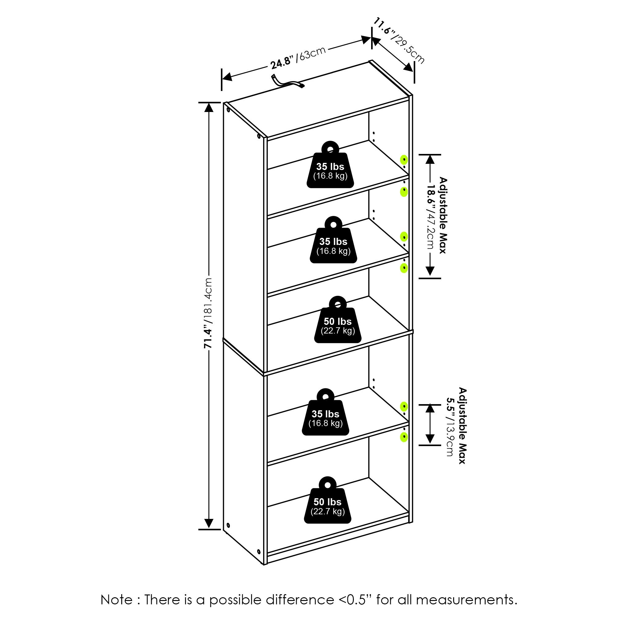 24.8" / 63cm  
11.6" / 29.5cm  
71.4" / 181.4cm  
18.6" / 47.2cm Adjustable  
5.5" / 13.9cm Adjustable  
35 lbs (16.8 kg)  
50 lbs (22.7 kg)  
Note: There is a possible difference <0.5" for all measurements.