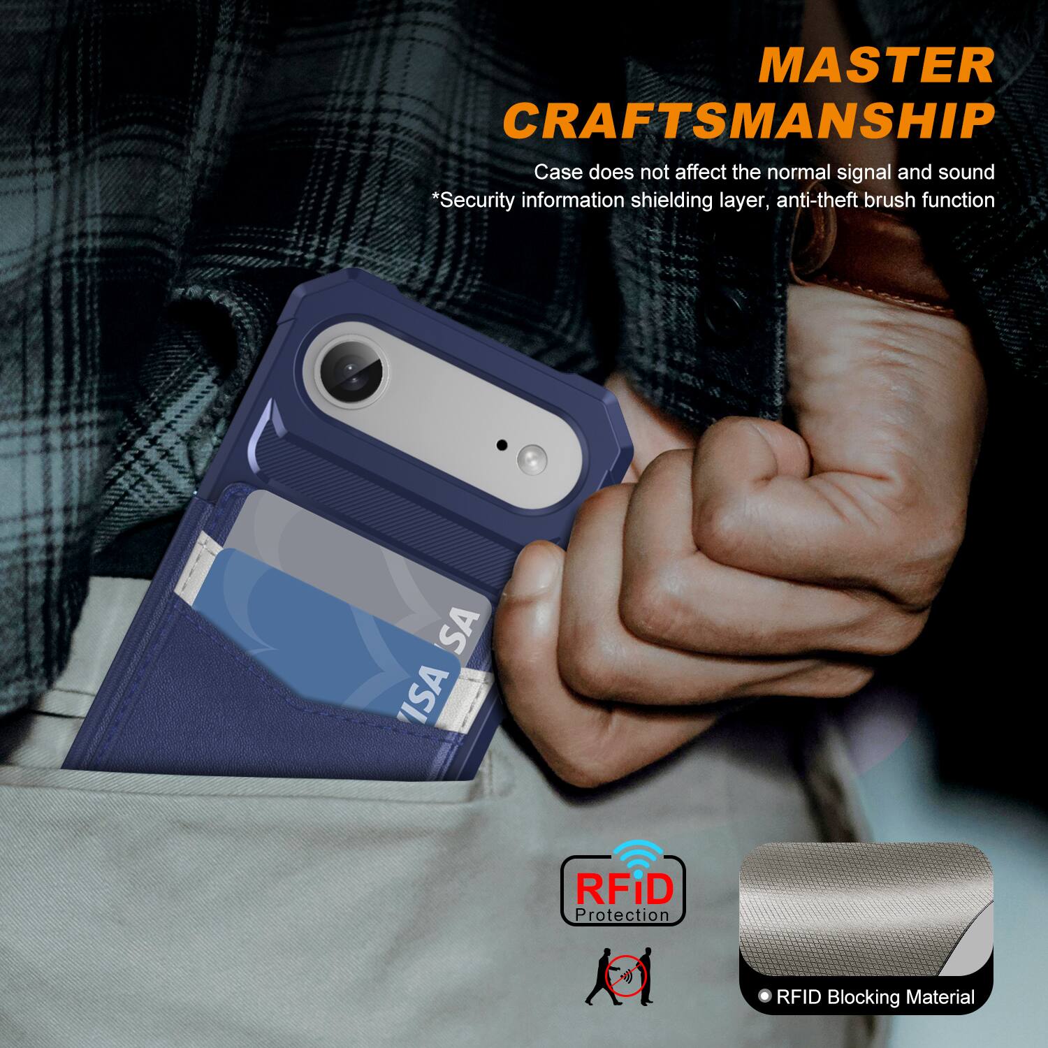 MASTER CRAFTSMANSHIP  
Case does not affect the normal signal and sound  
*Security information shielding layer, anti-theft brush function  

RFID Protection  
RFID Blocking Material