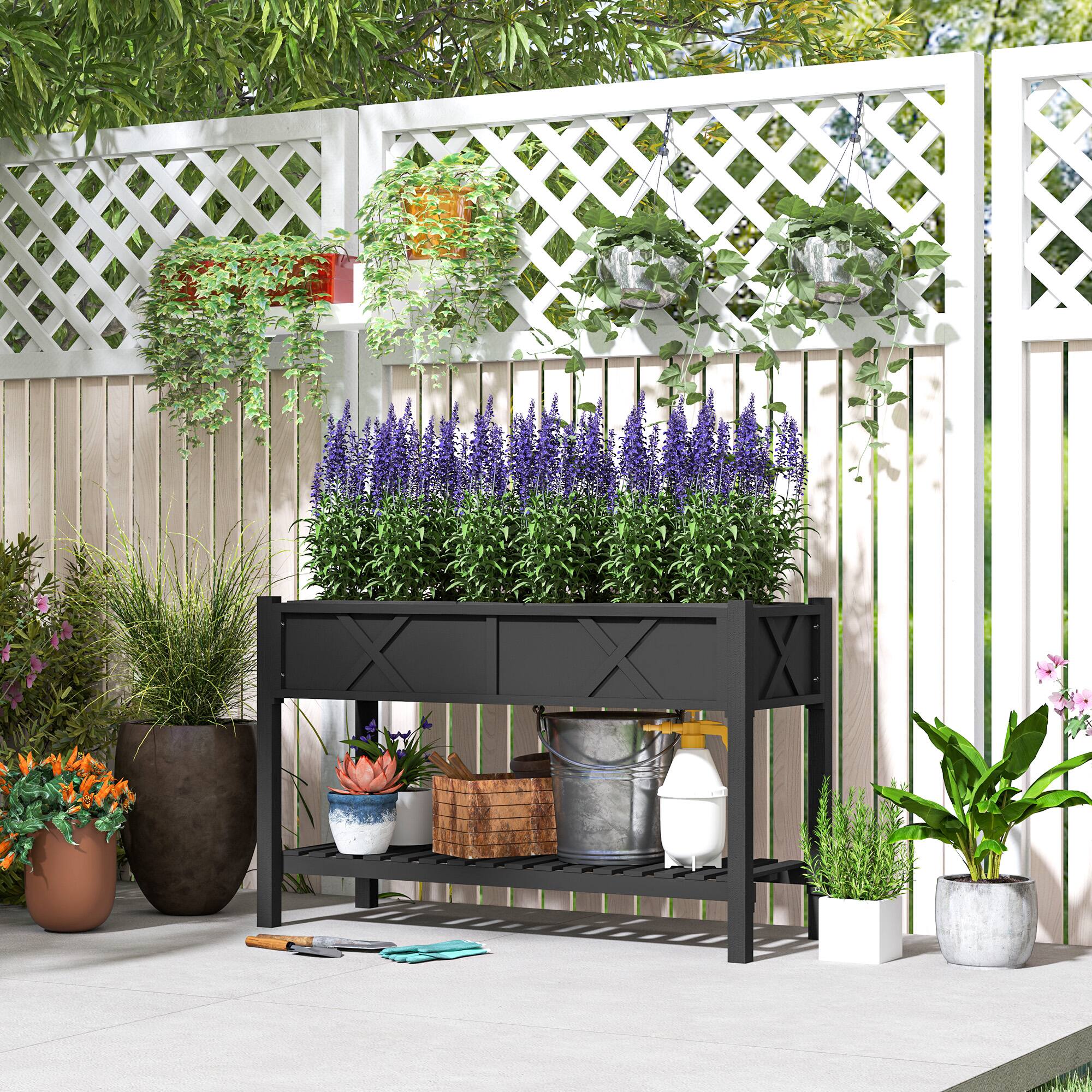Alt View 1. Outsunny - Raised Garden Bed, Elevated Wood Planter Box with Storage Shelf, Drainage Holes, and Liner, 47 x 22 x 31.5 in - Black.