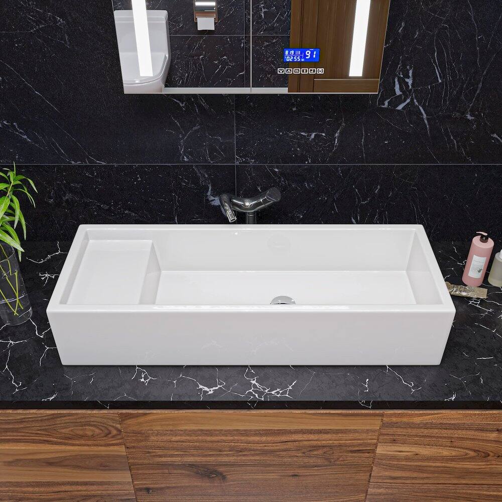 Left. Alfi - 39" White Above Mount Fireclay Bathroom Trough Sink - White.