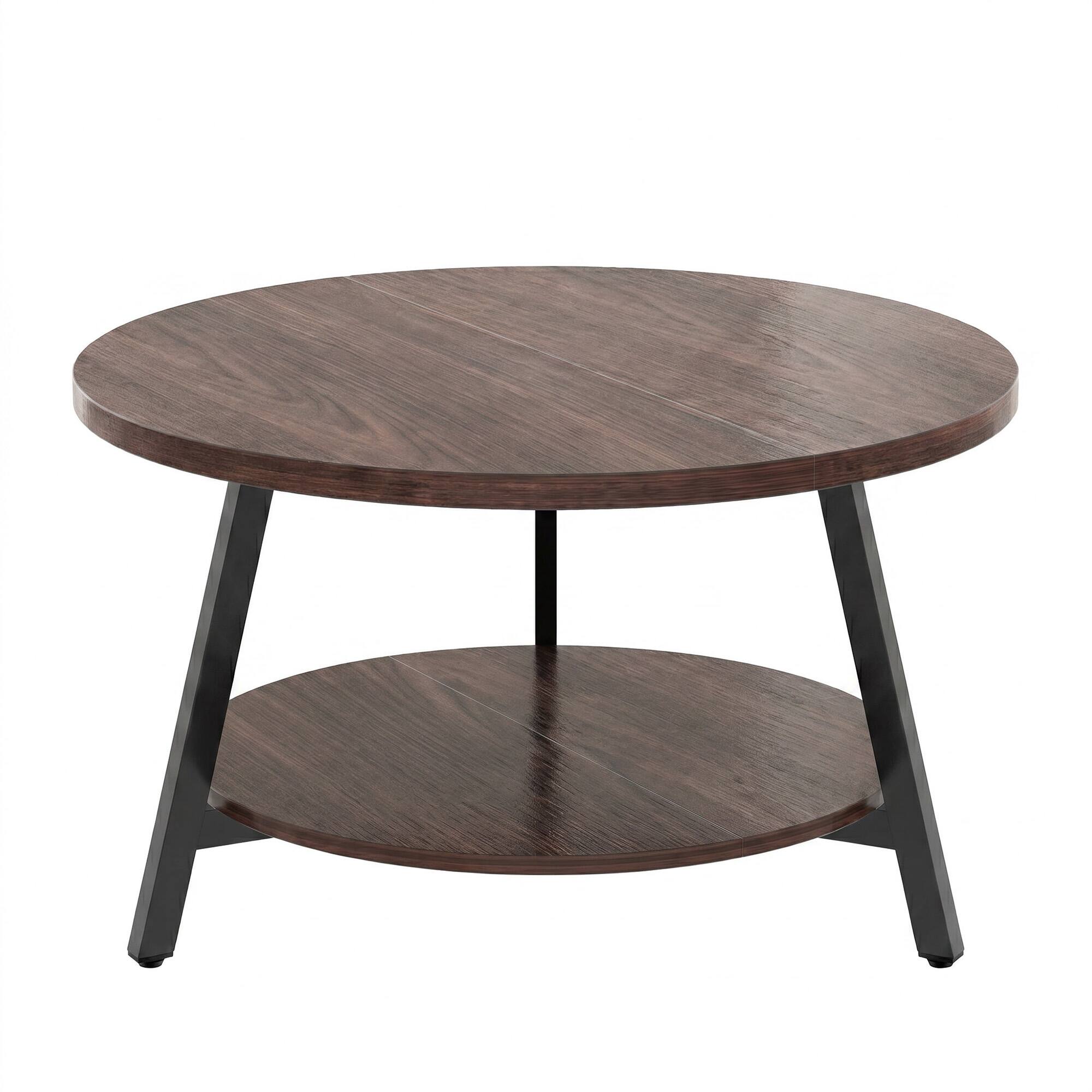 Angle. Aheaplus - 29.5'' Round Coffee Table with Storage, 2-Tier Small Modern Coffee Table for Living Room - Walnut.