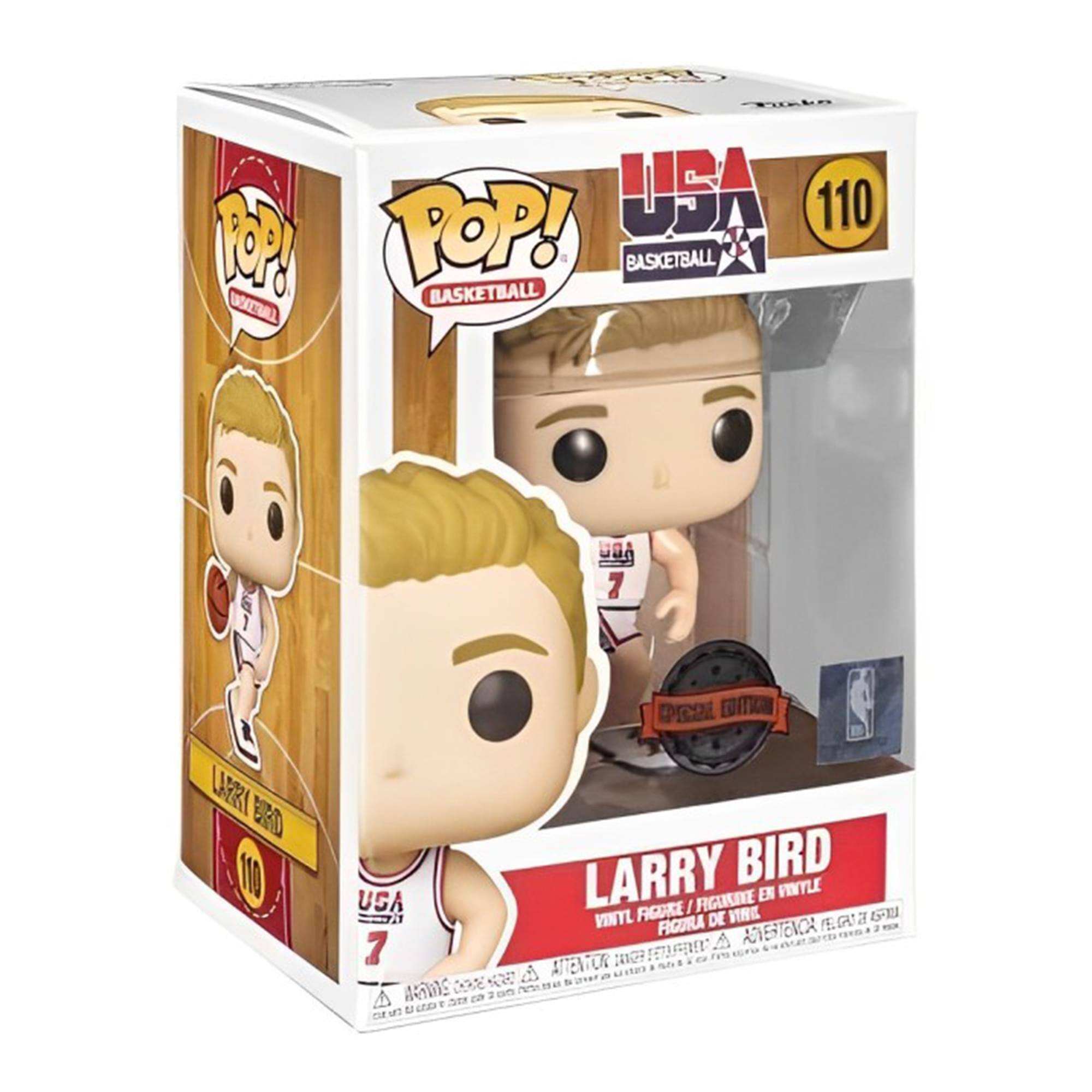 Sure, here is the corrected and grouped text from the image:

---

**Front:**
- POP! BASKETBALL
- USA BASKETBALL
- 110
- LARRY BIRD
- VINYL FIGURE / FIGURINE EN VINYLE / FIGURA DE VINIL
- LIMITED EDITION VINYL FIGURE / FIGURINE EN VINYLE LIMITÉE / FIGURA DE VINIL LIMITADA

**Side:**
- POP! BASKETBALL
- LARRY BIRD
- 110

**Bottom:**
- LARRY BIRD
- USA
- 7

**Additional Text:**
- (On the figure's jersey) USA 7

---