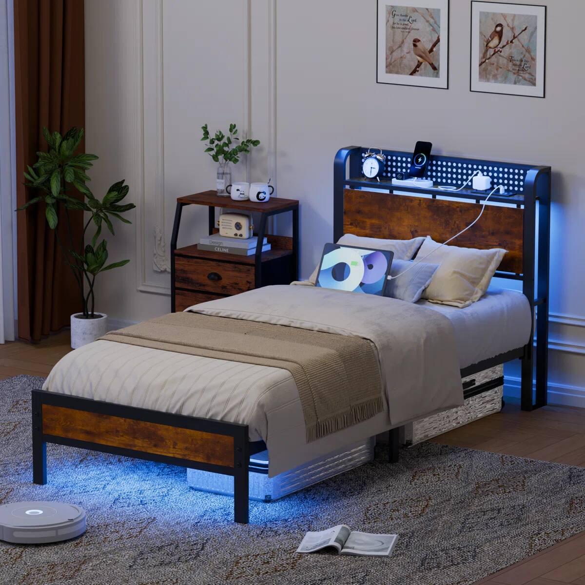 Alt View 4. Furnulem - Furnulem Bed frame with Wood Storage Headboard,Metal Platform Bed with Under Storage - Brown.