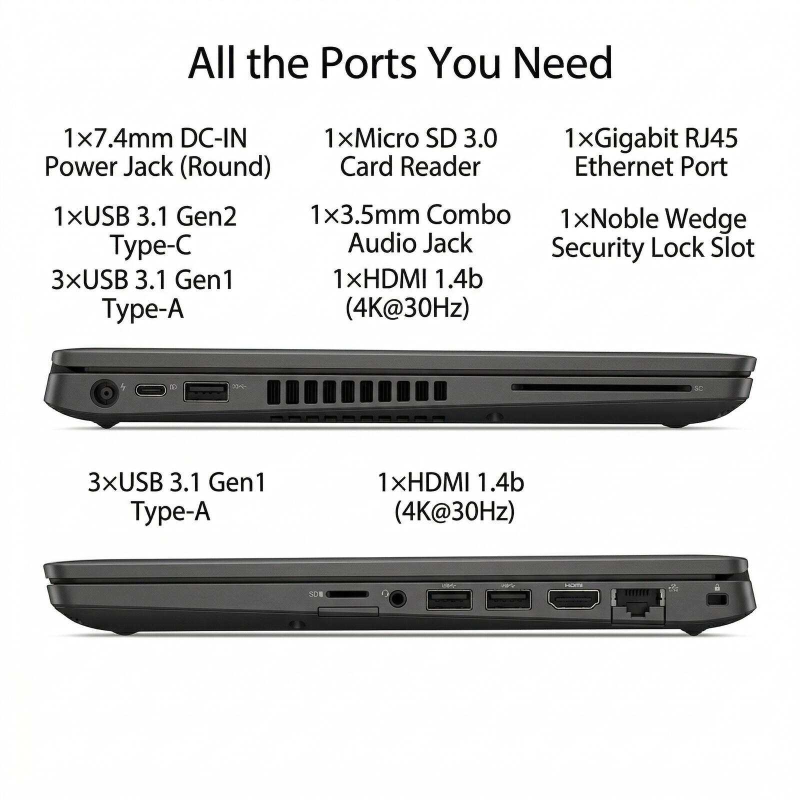 All the Ports You Need

- 1x7.4mm DC-IN Power Jack (Round)
- 1xMicro SD 3.0 Card Reader
- 1xGigabit RJ45 Ethernet Port
- 1xUSB 3.1 Gen2 Type-C
- 3xUSB 3.1 Gen1 Type-A
- 1x3.5mm Combo Audio Jack
- 1xNoble Wedge Security Lock Slot
- 1xHDMI 1.4b (4K@30Hz)
- 3xUSB 3.1 Gen1 Type-A
- 1xHDMI 1.4b (4K@30Hz)