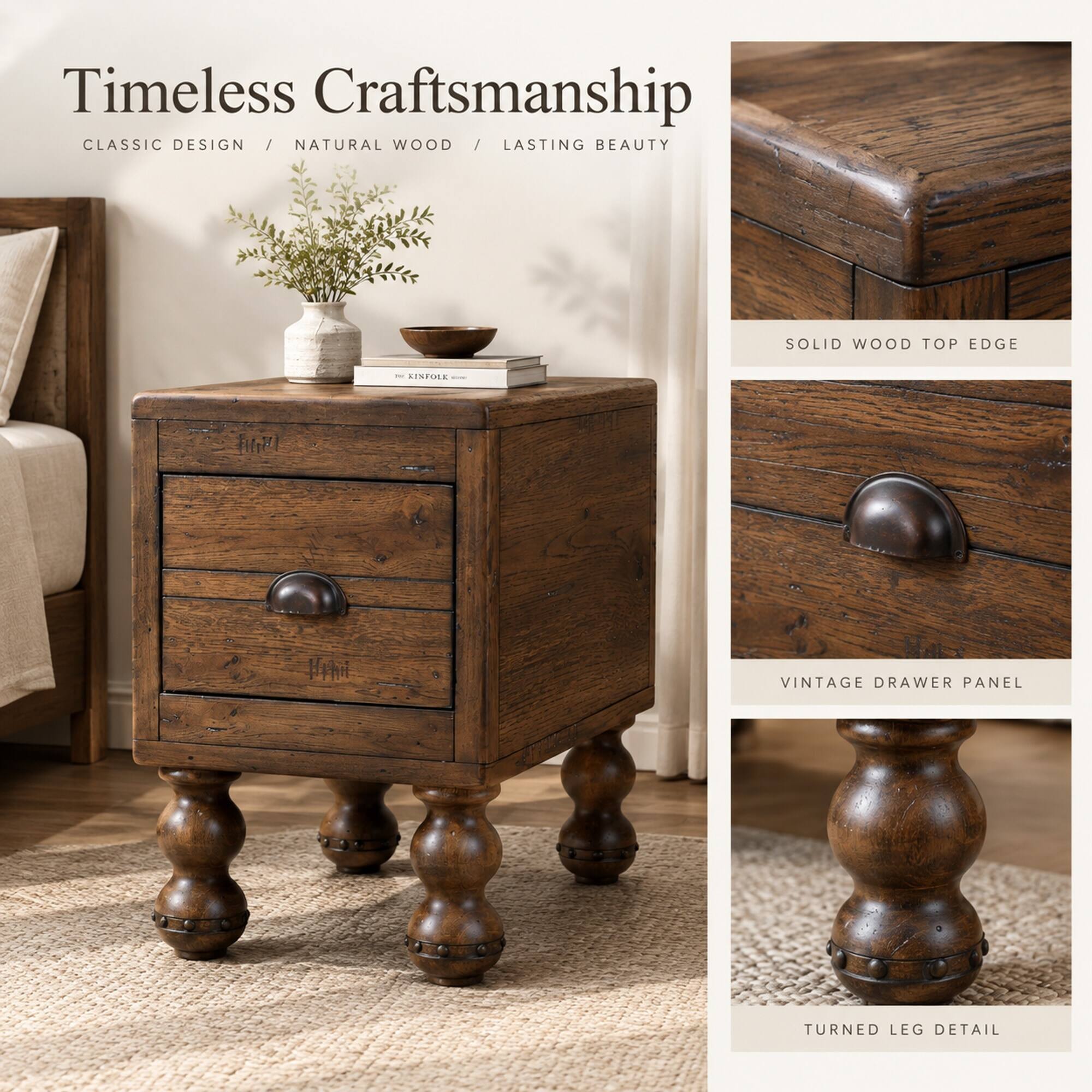 RYHNUYNE Solid Wood End Table, 23.6 in Narrow Side Table, Storage ...