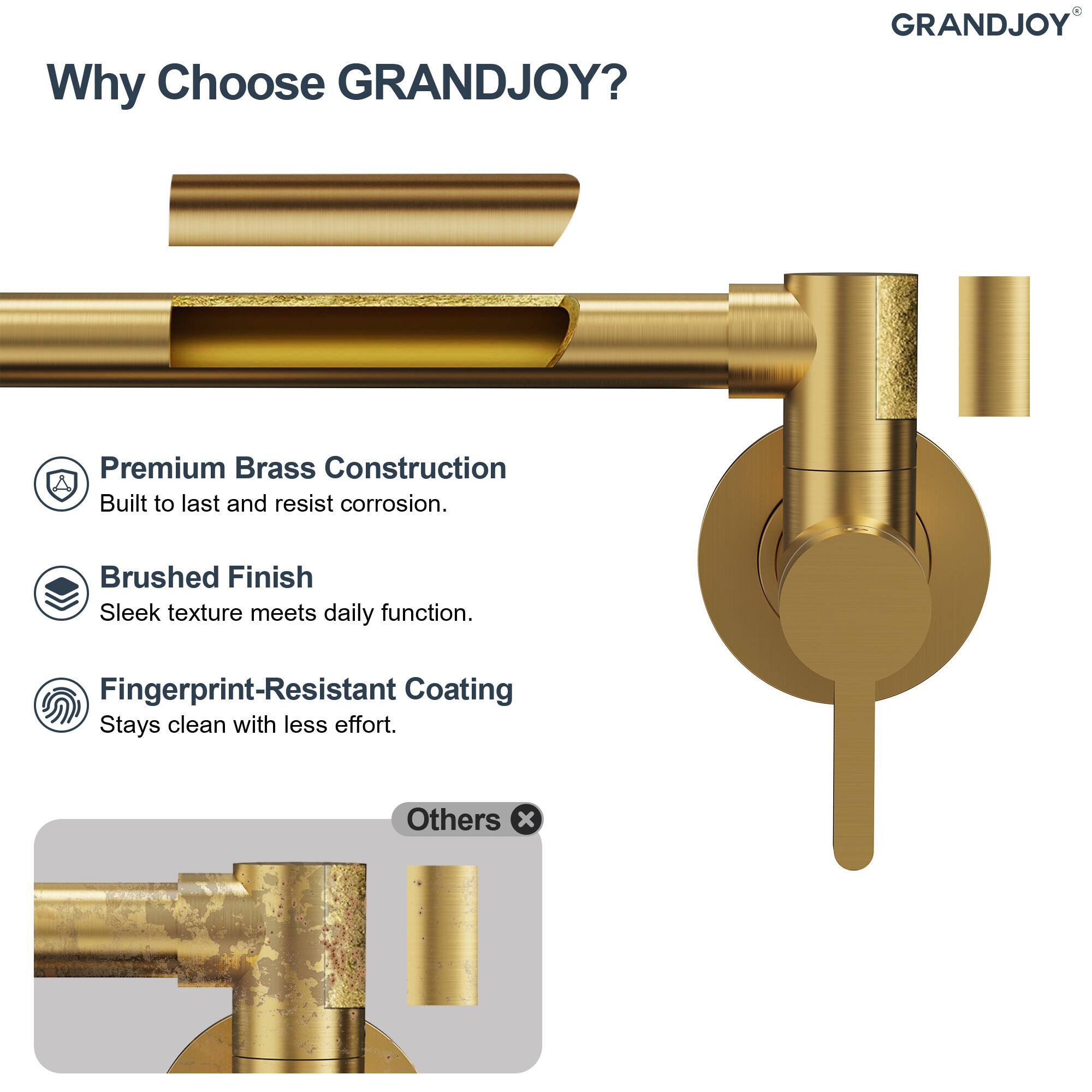 Why Choose GRANDJOY?

- Premium Brass Construction
  Built to last and resist corrosion.

- Brushed Finish
  Sleek texture meets daily function.

- Fingerprint-Resistant Coating
  Stays clean with less effort.

Others