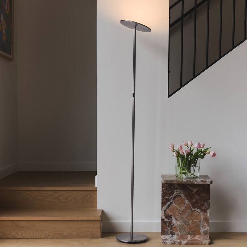 Alt View 1. Brightech - Sky Flux LED Modern Industrial Torchère Dimmable Super Bright Floor Lamp with Built-in Adjustable Head Tilt - Brushed Satin Nickel.
