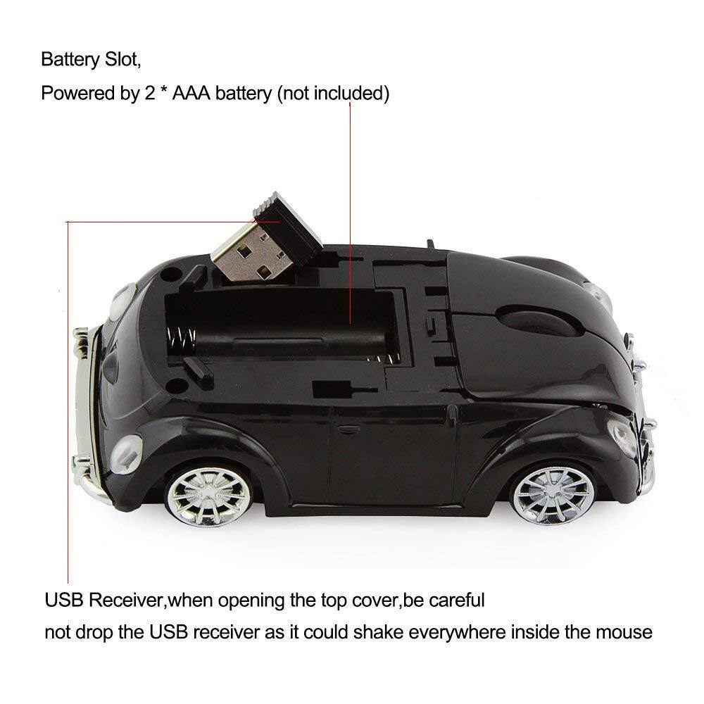 Battery Slot,  
Powered by 2 * AAA battery (not included)

USB Receiver, when opening the top cover, be careful not to drop the USB receiver as it could shake everywhere inside the mouse