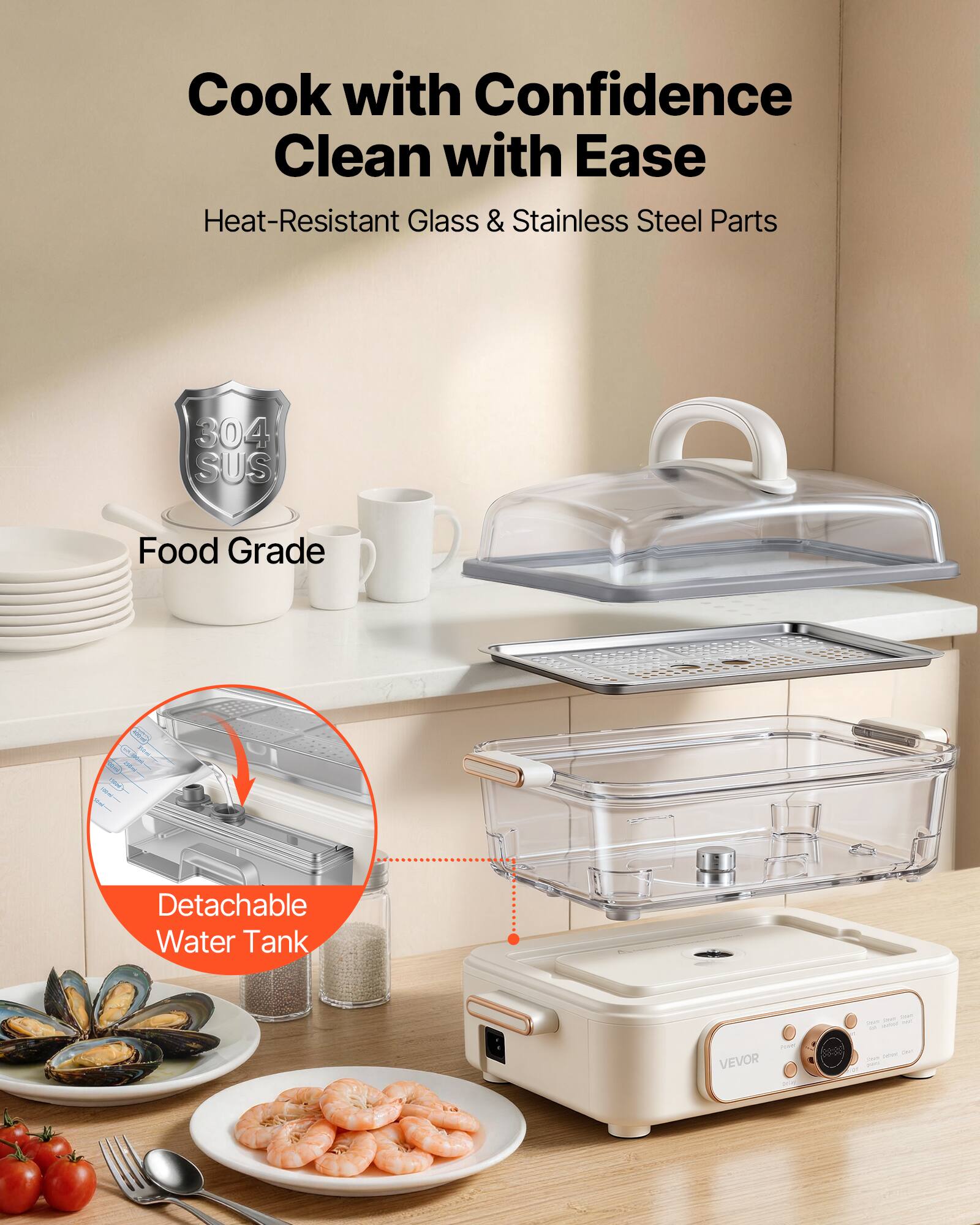 Cook with Confidence Clean with Ease Heat-Resistant Glass & Stainless Steel Parts

304 SUS
Food Grade
Detachable Water Tank

VEVOR