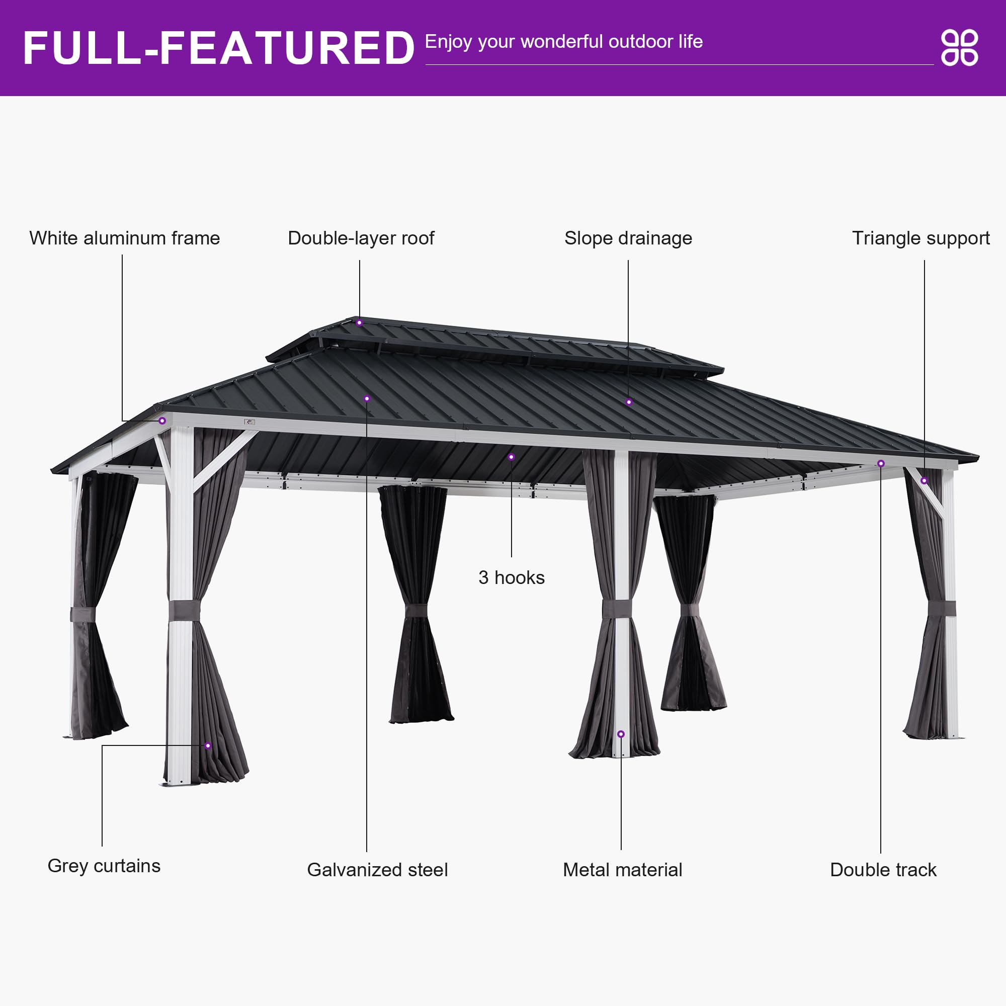 FULL-FEATUERED  
Enjoy your wonderful outdoor life  

- White aluminum frame  
- Double-layer roof  
- Slope drainage  
- Triangle support  
- 3 hooks  
- Grey curtains  
- Galvanized steel  
- Metal material  
- Double track