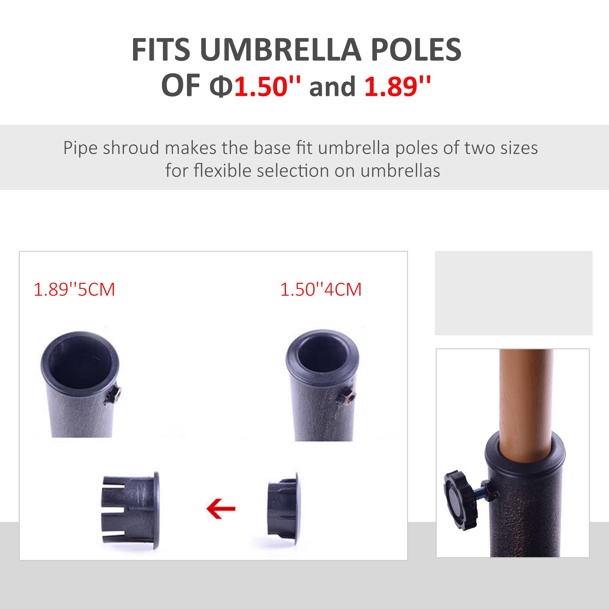FITS UMBRELLA POLES OF 1.50" and 1.89" Pipe shroud makes the base fit umbrella poles of two sizes for flexible selection on umbrellas 1.89"5CM 1.50"4CM