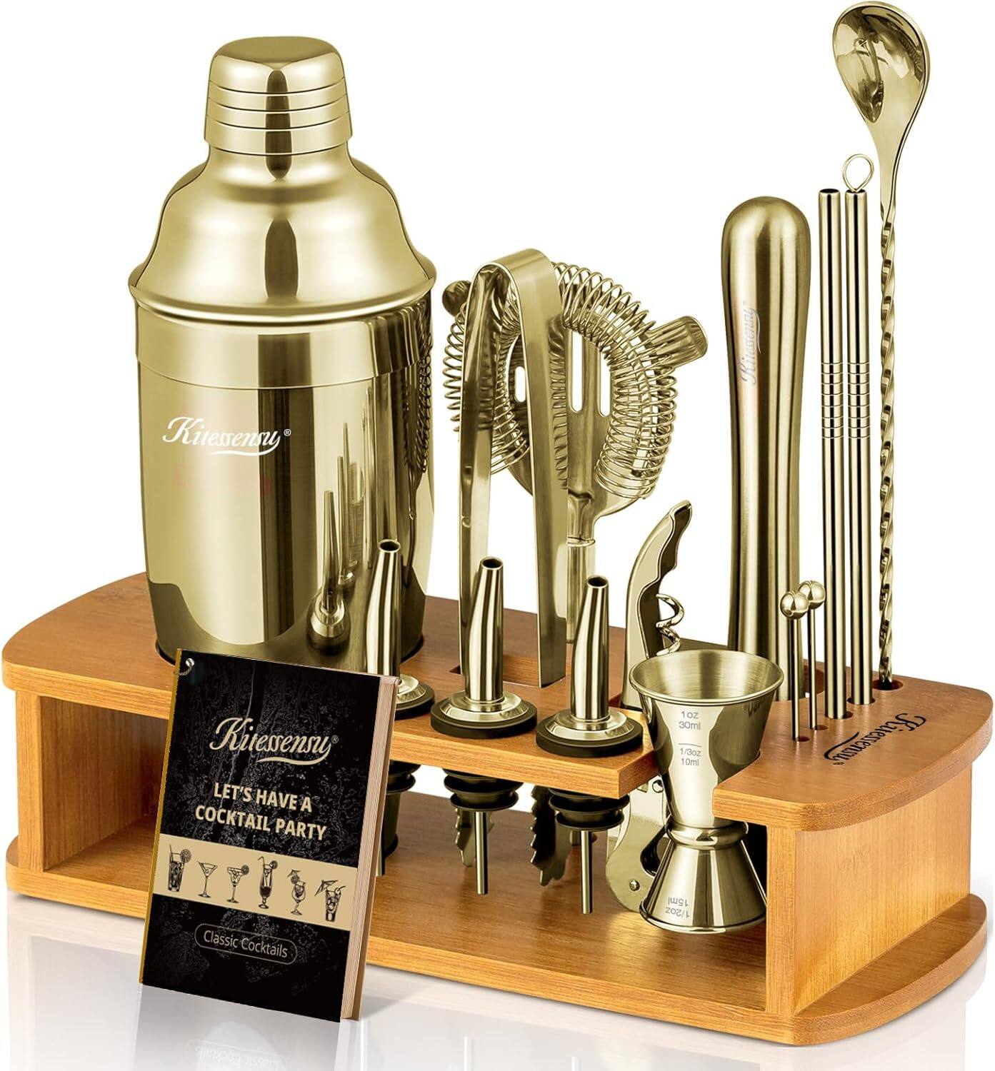 KITESSENSU - Cocktail Shaker Set Bartender Kit with Stand | Bar Set Drink Mixer Set with All Essential Bar Accessory Tools - Champagne Gold