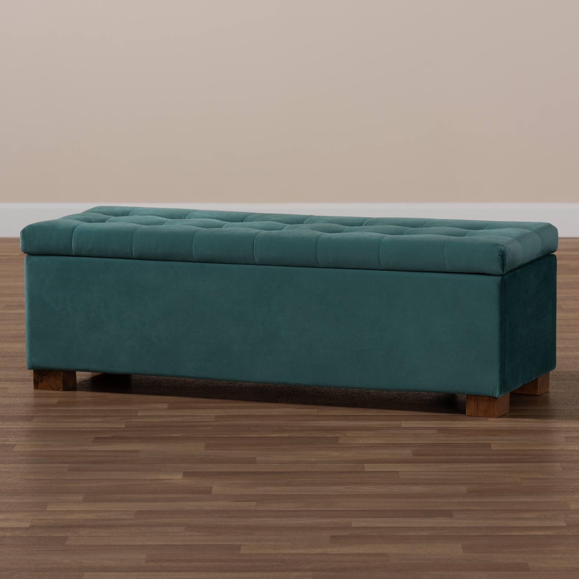Alt View 6. Baxton Studio - Roanoke Modern and Contemporary Velvet Fabric Upholstered Grid-Tufted Storage Ottoman Bench - Teal Blue/Brown.