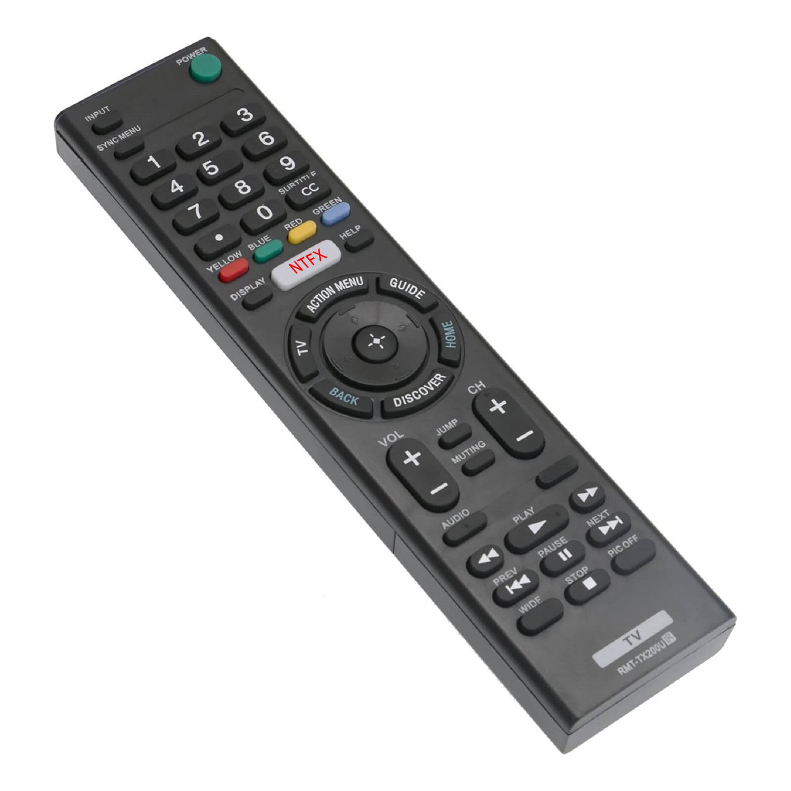 POWER INPUT 3 SYNC MENU UMDM 2 6 SYNC 1 5 9 E 4 8 SURTITI CC 7 0 GREEN RED HELP BLUE YELLOW NTFX DISPLAY MENU GUIDE ACTION TV HOME BACK DISCOVER CH JUMP VOL + MUTING - AUDIO PLAY NEXT PAUSE PIC OFF OFF 44" PIC PREV K4 STOP WIDE TV RMT-TX200U