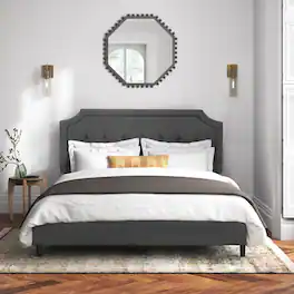 Vecelo - Linen Upholstered Queen Size Bed Frame with Adjustable Headboard - Noise Free Platform Bed, 8" Under Bed Storage - Dark Gray
