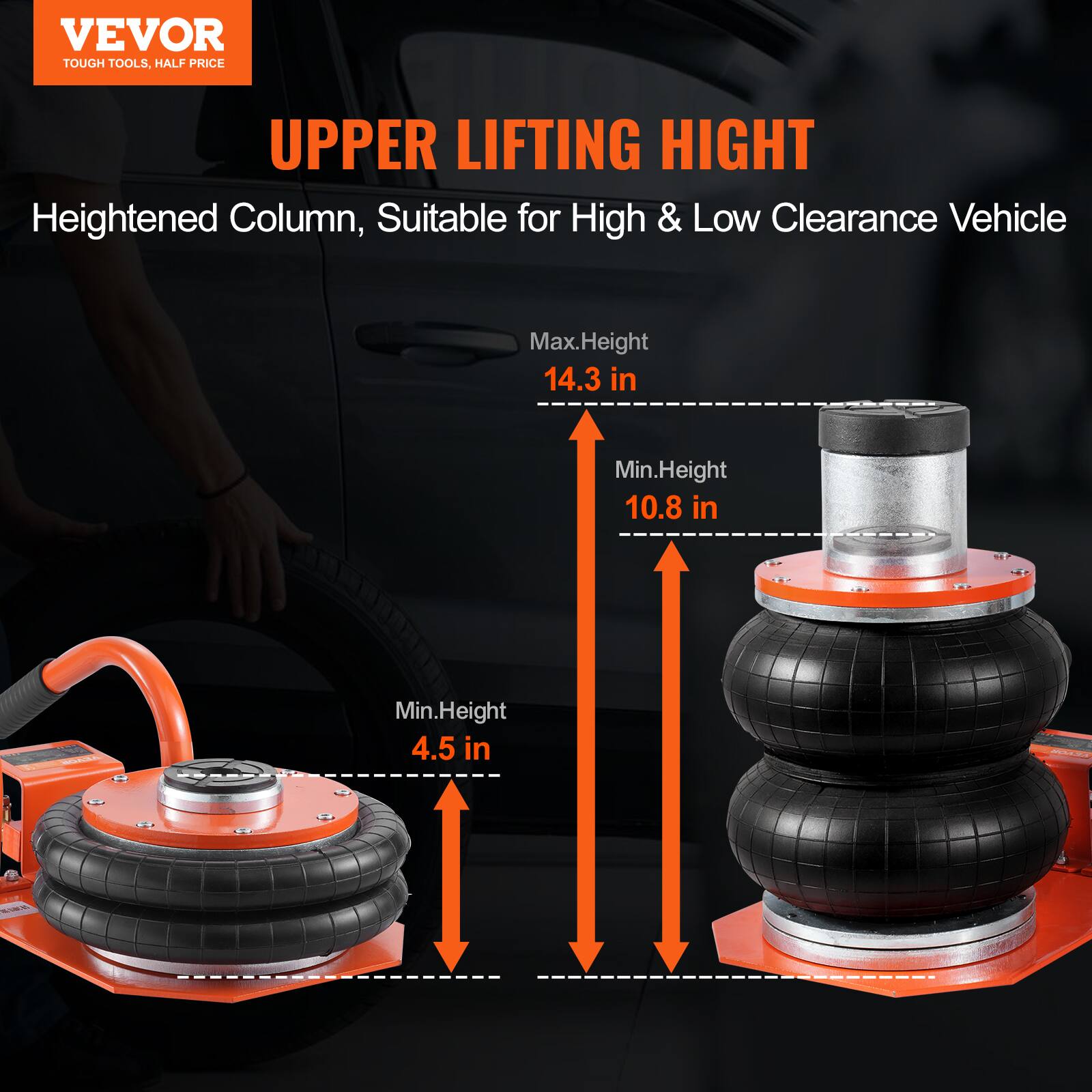 VEVOR TOUGH TOOLS. HALF PRICE UPPER LIFTING HEIGHT Heightened Column, Suitable for High & Low Clearance Vehicle Max.Height 14.3 in Min.Height 10.8 in Min.Height 4.5 in