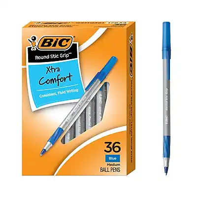 BIC Round Stic Grip
Xtra Comfort
Consistent, Fluid Writing
36 Blue Medium Ball Pens