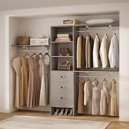 Aheaplus - 20.2'' - 96'' W Closet System, Walk In Closet Organizer with 3 Shelving Towers, 3 Hanging Rods, and 3 Drawers, 75'' High - Gray
