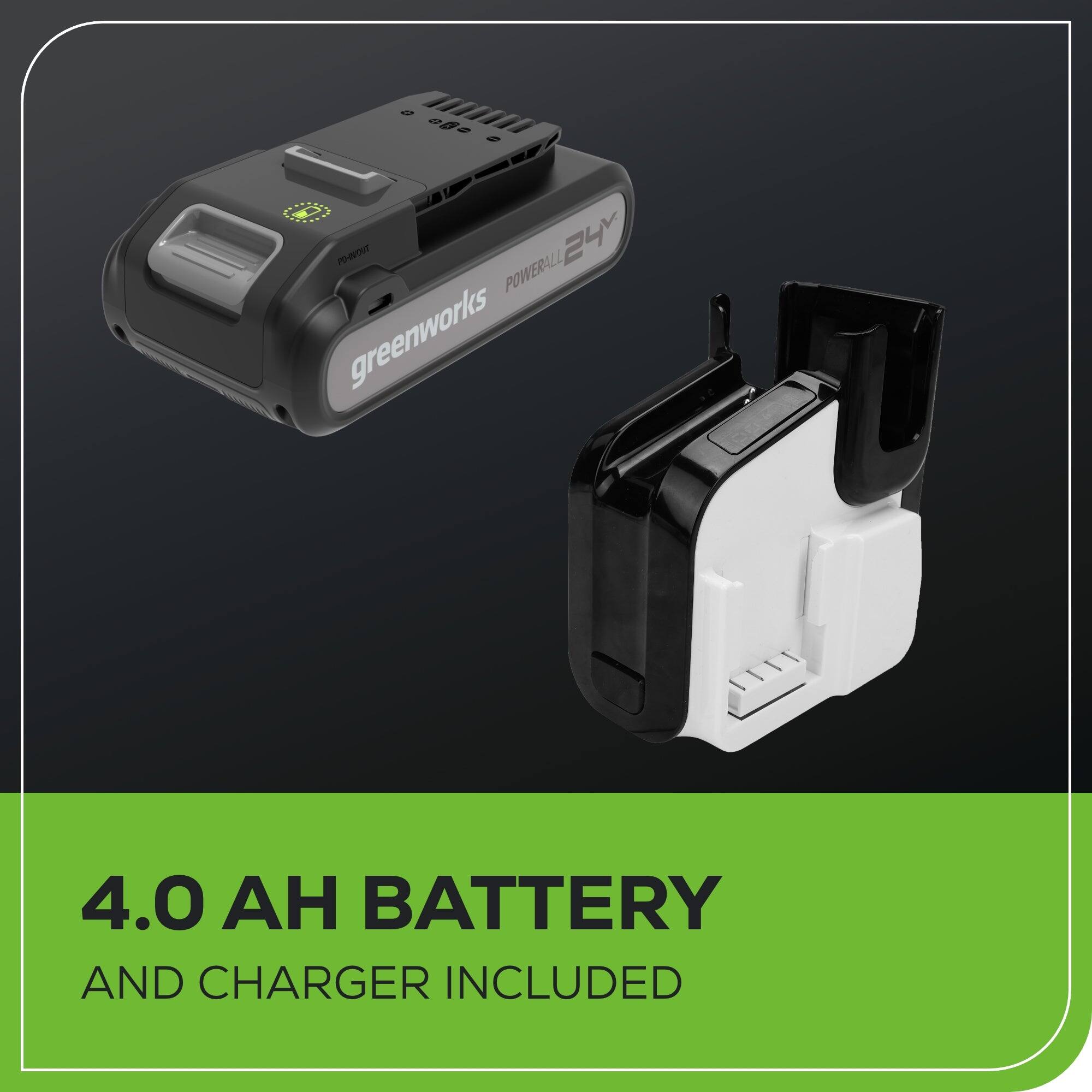 The text on the image reads: "080 2 POWERALL greenworks 4.0  BATTERY AND CHARGER INCLUDED."