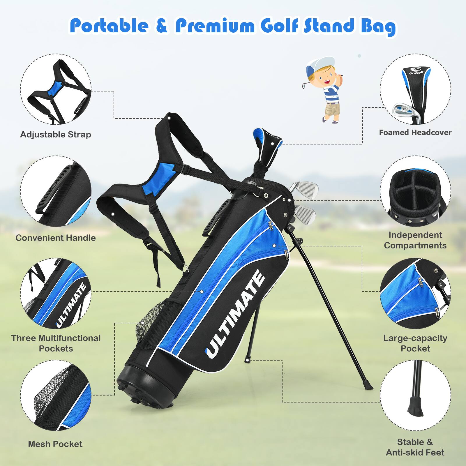 Portable & Premium Golf Stand Bag

- Adjustable Strap
- Convenient Handle
- Three Multifunctional Pockets
- Independent Compartments
- Large-capacity Pocket
- Mesh Pocket
- Foamed Headcover
- Stable & Anti-skid Feet