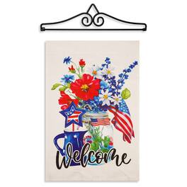G128 - Combo Pack Garden Flag Hanger 14in and 12x18in Double-Sided Welcome Patriotic Mason Jar Print - Multicolor