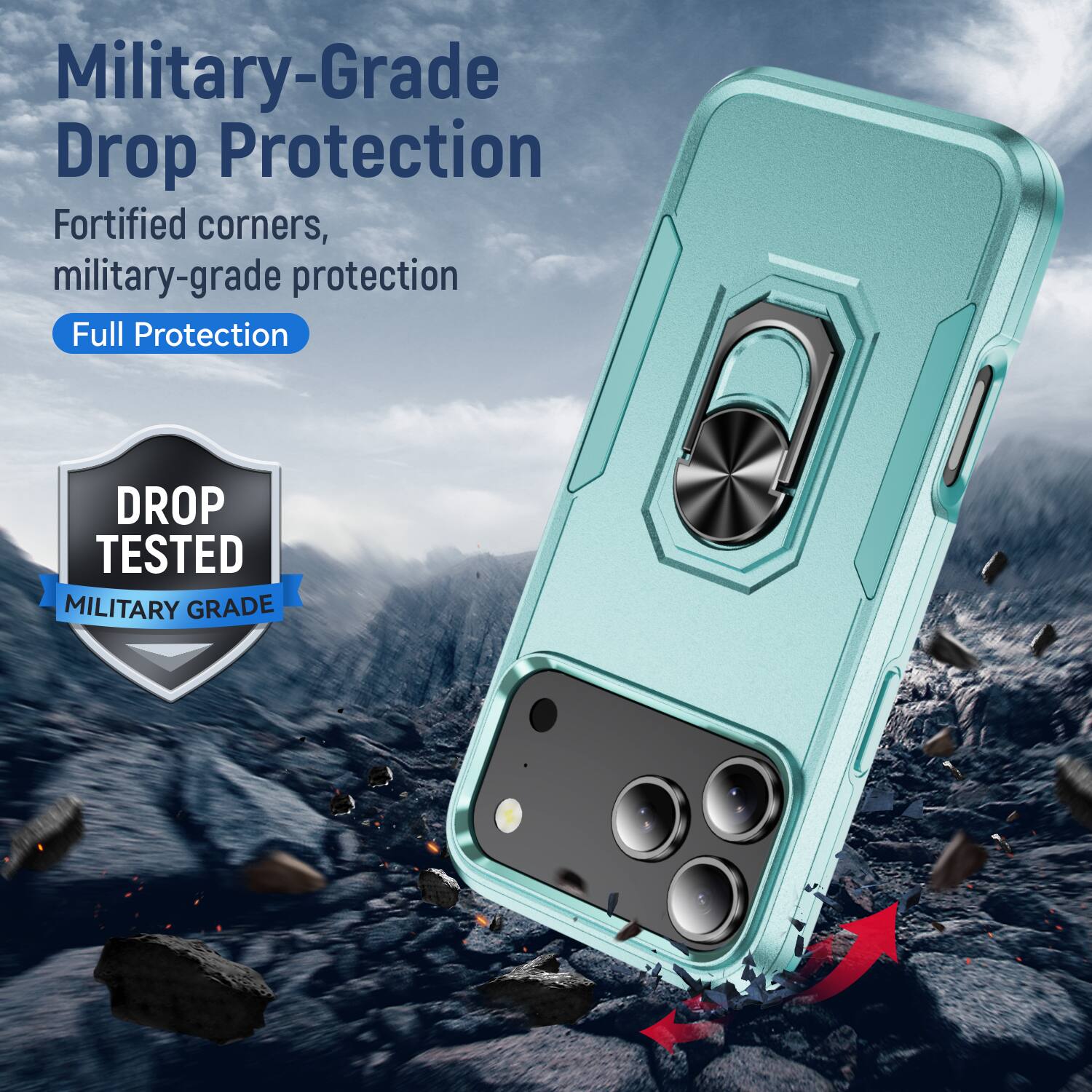 Military-Grade Drop Protection  
Fortified corners, military-grade protection  
Full Protection  

DROP TESTED  
MILITARY GRADE