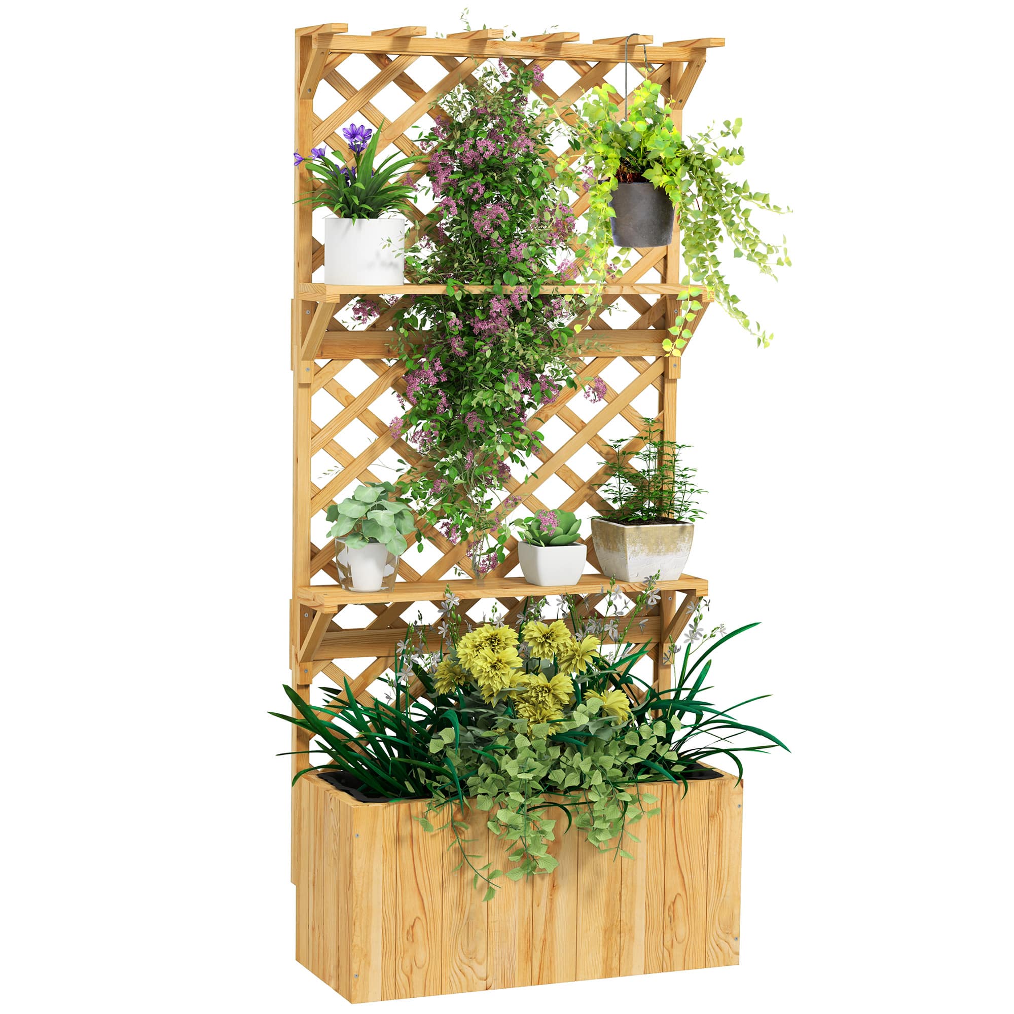 Outsunny - Wooden Planter with Trellis, Raised Garden Bed with Hanging Roof, Plant Shelf, 30" x 13" x 70" - Natural Wood