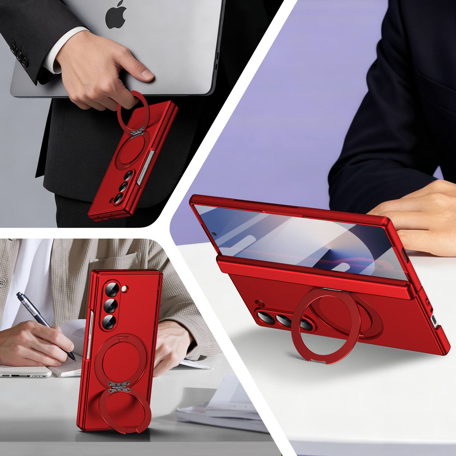 Left. Dteck - For Samsung Galaxy Z Fold 6 Rugged Case With Screen Protector, Shockproof Magnetic Ring Stand Hinge Protection Cover - Red.