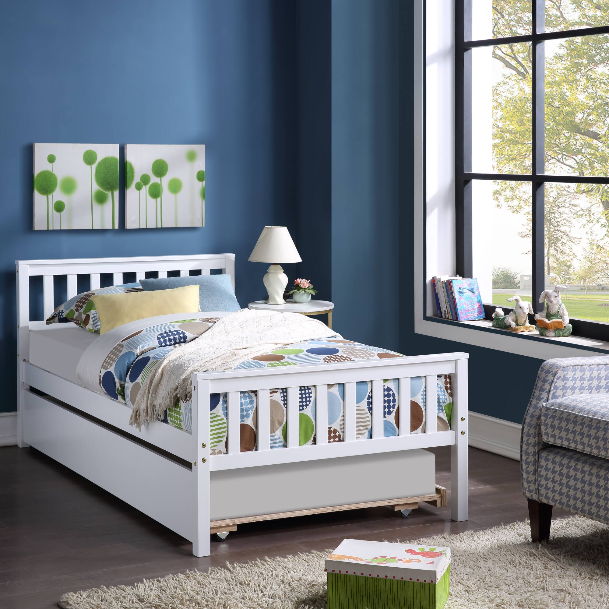 Alt View 7. GOODSILO - Space-Saving Twin Platform Bed Frame with Pull-Out Trundle and Headboard for Compact Living Areas - White.