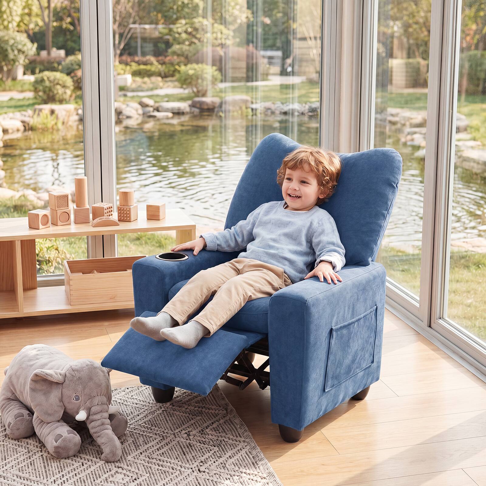 Alt View 1. Costway - Costway Kids Recliner with Adjustable Backrest Footrest Cup Holder Side Pockets for Ages 3+ - Navy.