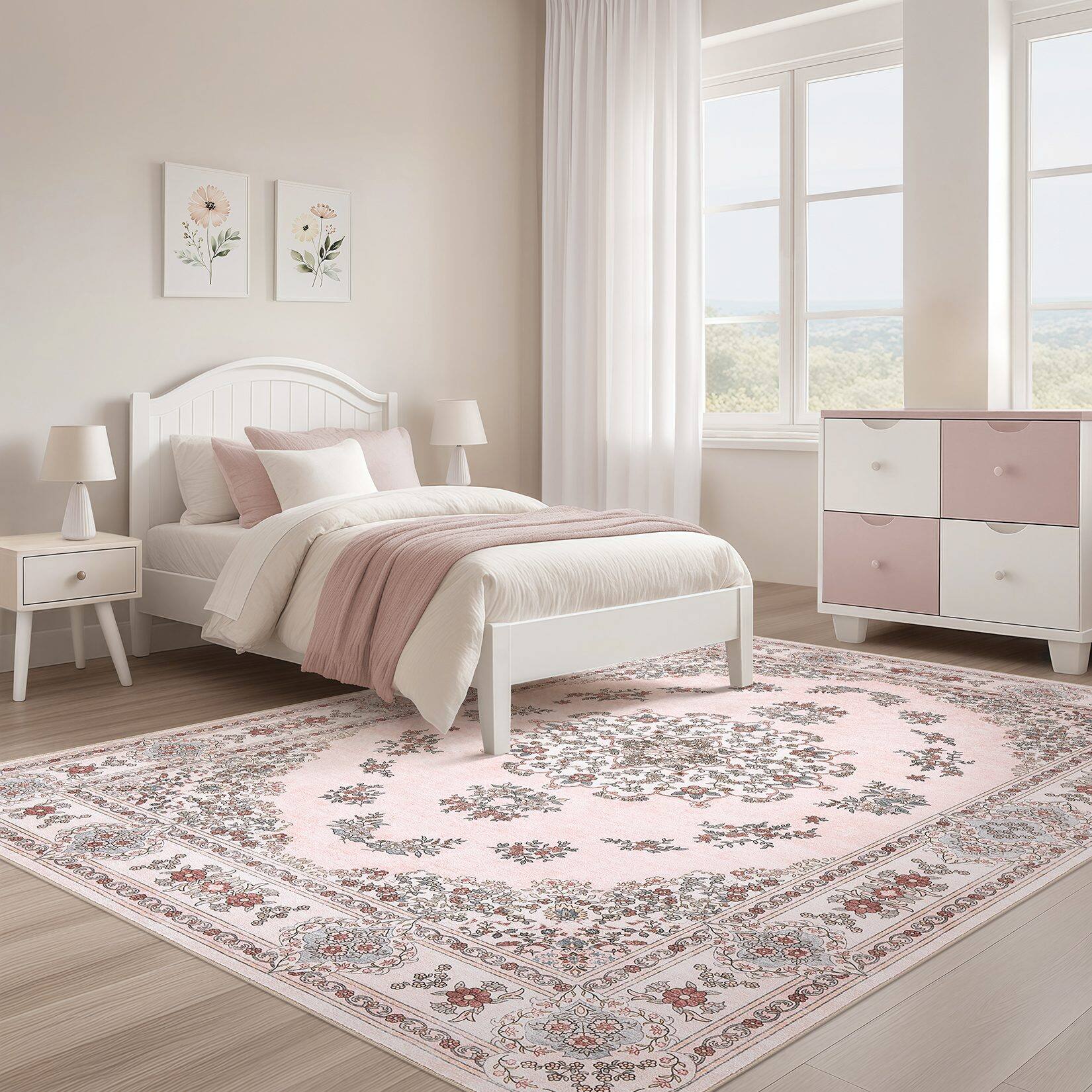 Back. Yardgrace - 5' x 7' ft Washable Bohemian-Style Rug With Non-Slip Backing; Non-Slip Indoor Rug, Perfect For The Bedroom - Light Pink.