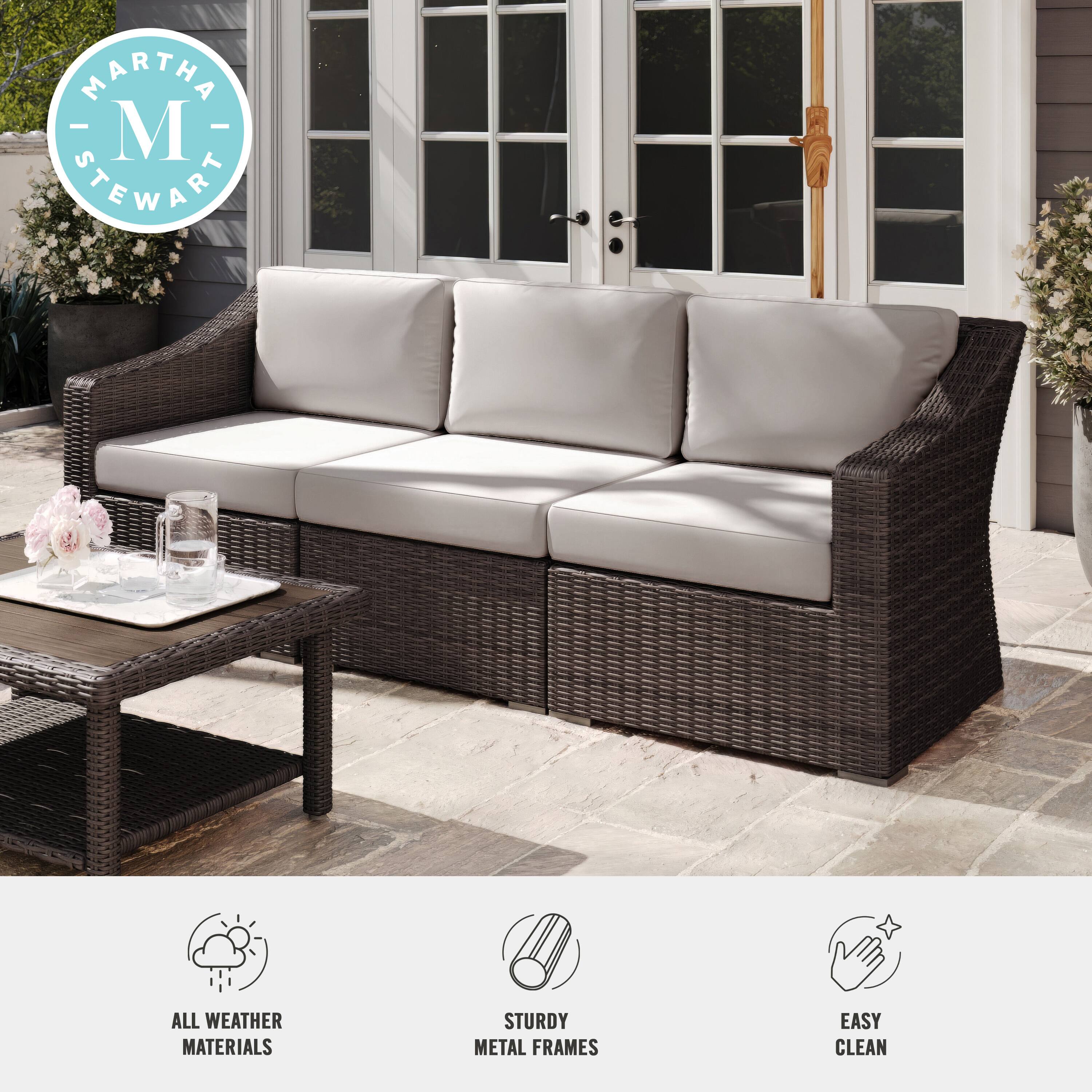 Martha Stewart all weather materials. Sturdy metal frames. Easy clean.