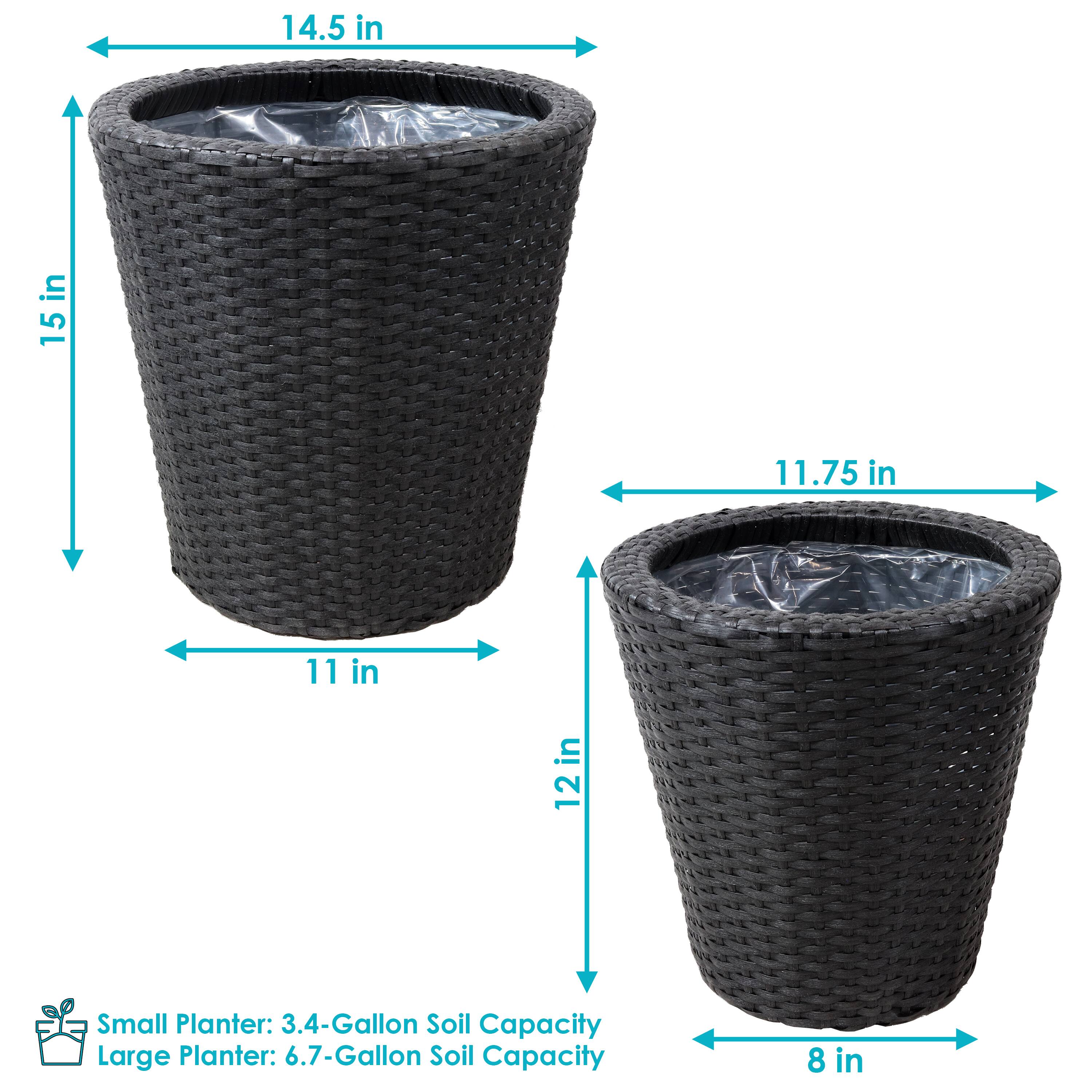 Small Planter: 3.4-Gallon Soil Capacity  
Large Planter: 6.7-Gallon Soil Capacity  

Dimensions:  
- Large Planter: 14.5 in (diameter) x 15 in (height)  
- Small Planter: 11.75 in (diameter) x 12 in (height)