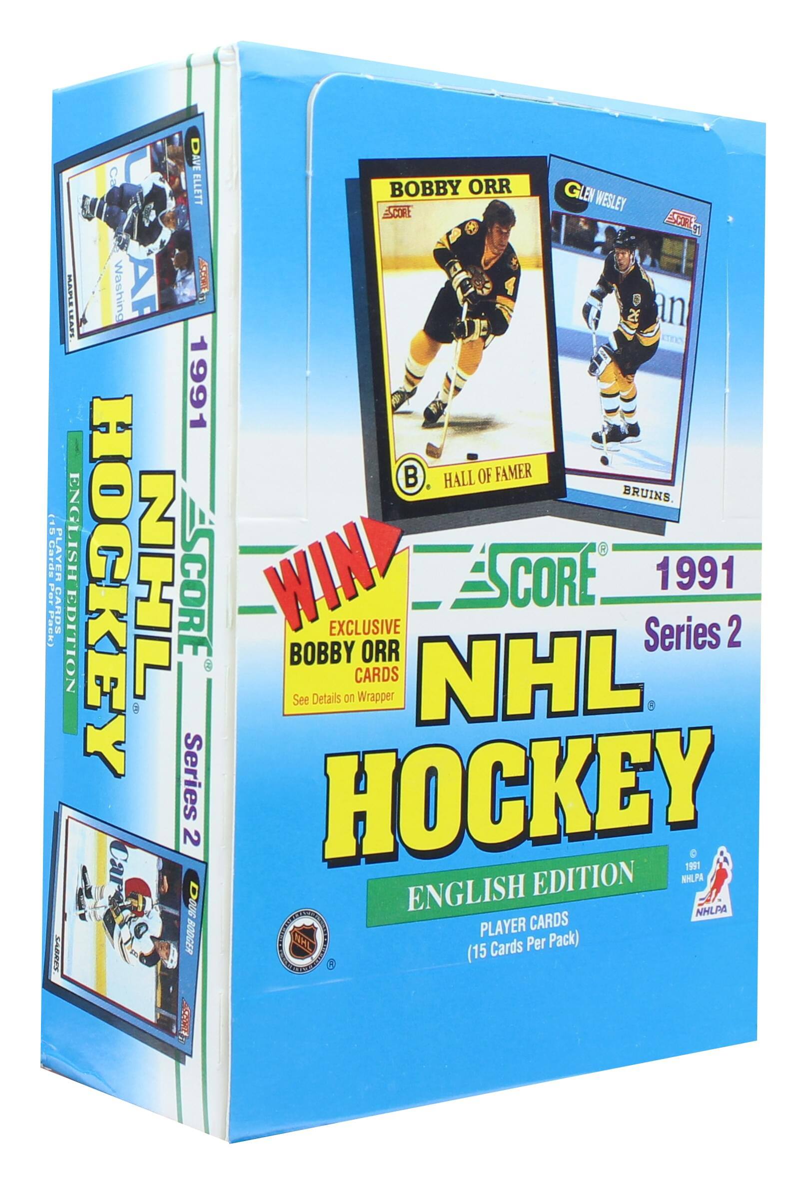 Sure, here is the corrected and grouped text from the image:

---

**NHL Hockey English Edition**

**1991 Series 2**

**Player Cards (15 Cards Per Pack)**

**Exclusive Bobby Orr Cards**

**See Details on Wrapper**

**NHLPA**

**Bobby Orr**  
**Hall of Famer**  
**Bruins**

**Dave Ellett**  
**Washing**

**Len Wesley**  
**Bruins**

**Win Exclusive Bobby Orr Cards**

**See Details on Wrapper**

**NHLPA**

**1991**

**NHL Hockey**

**English Edition**

**Player Cards (15 Cards Per Pack)**

**NHLPA**

**1991**

**Series 2**

---

This text is organized to reflect the information and layout as seen on the packaging.