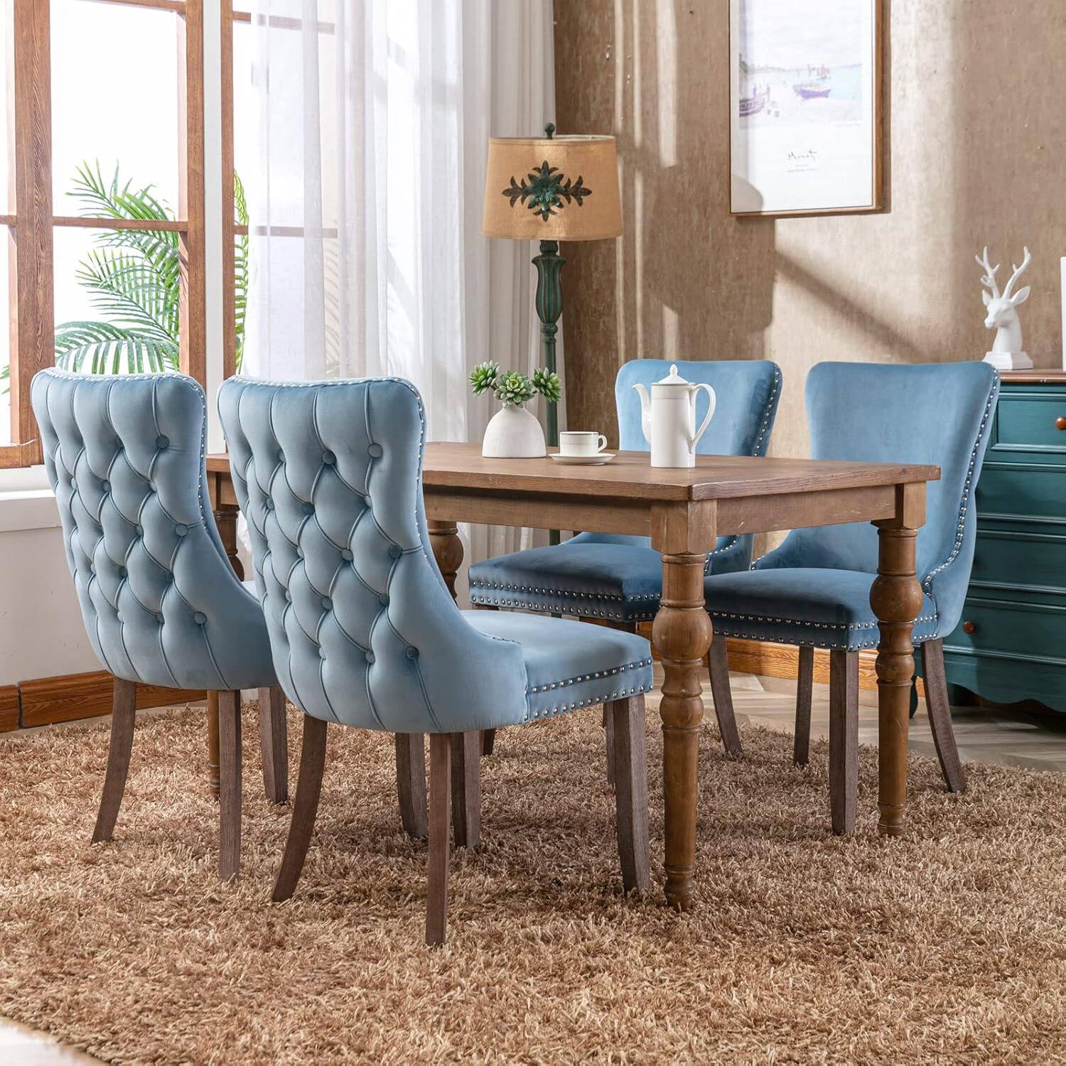 Alt View 4. Trinkets Crazed - Upholstered Wing-Back Dining Chair with Backstitching Nailhead Trim and Solid Wood Legs,Set of 2 - light blue.