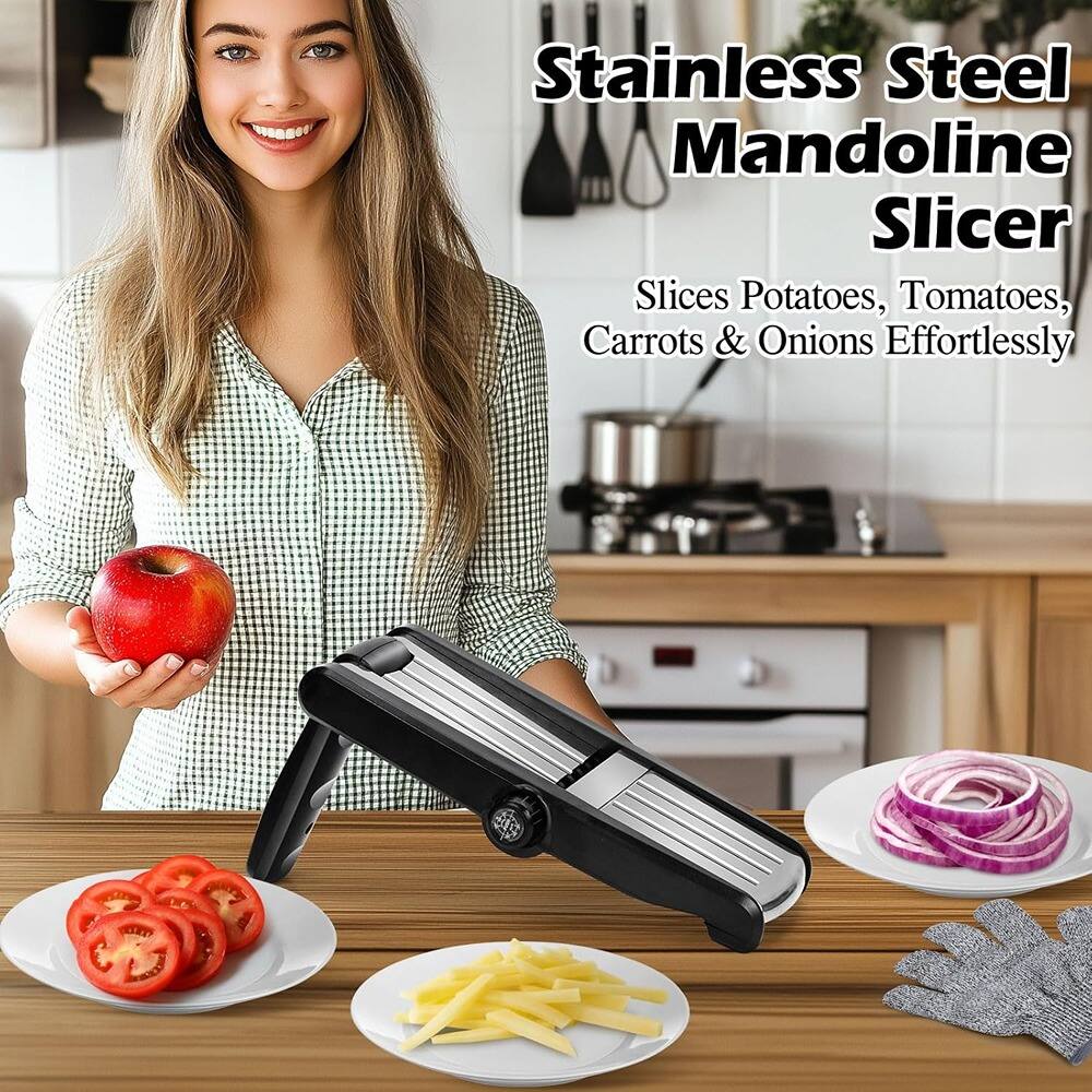 Stainless Steel Mandoline Slicer  
Slices Potatoes, Tomatoes, Carrots & Onions Effortlessly