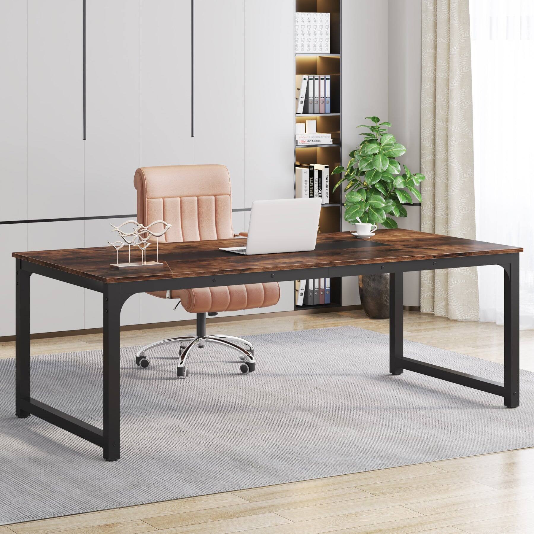 Angle. Tribesigns - Conference Table with Engineered Wood Construction and Rectangular Top for Office and Meeting Room - Brown.