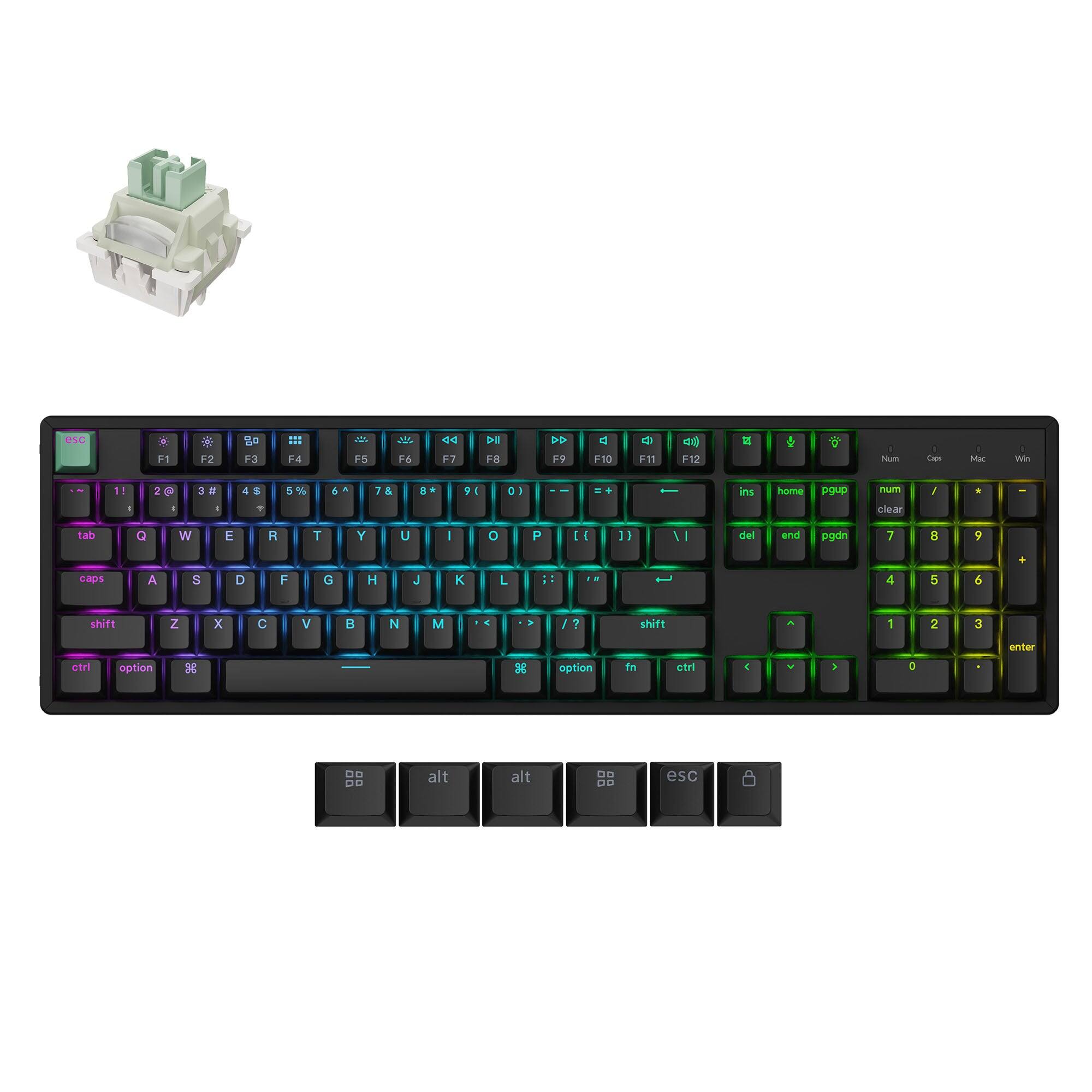 esc
F1
F2
F3
F4
F5
F6
F7
F8
F9
F10
F11
F12

Num
Caps
Mac
Win
1!
2@
3#
4$
5%
6^
7&
8*
94
0)
--
ins
home
pgup
num clear
/
t
-
tab
Q
W
E
R
T
Y
U
I
O
P
[{
}}
del
end
pgdn
7
8
9
+
caps
A
S
D
F
G
H
J
K
L
shift
4
5
6
Z
X
C
V
B
N
M
/?
shift
1
2
3
ctrl
option
fn
ctrl
(
>
D
-
enter
alt
alt
esc