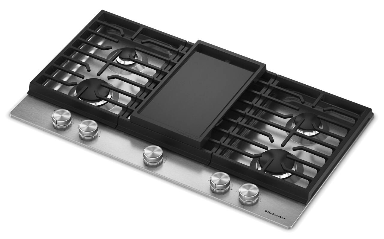 Left. KitchenAid - 36 in. Wide 5 burners Gas Cooktop with Integrated Wok Grate - Stainless Steel.