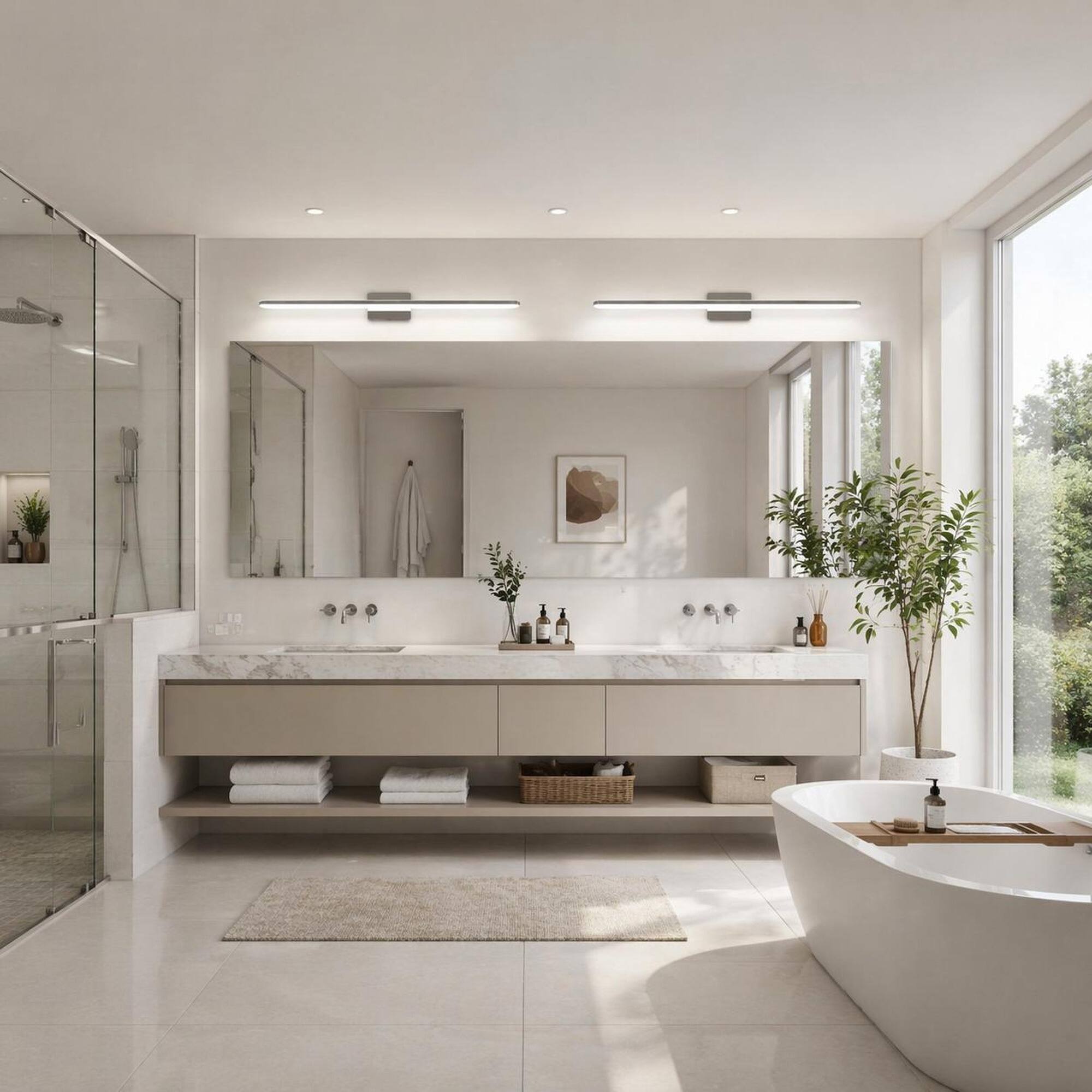 Back. RYHNUYNE - Modern 39-Inch Chrome LED Vanity Light for Bathroom, 24W 6000K Daylight, Dimmable Over-Mirror Fixture.