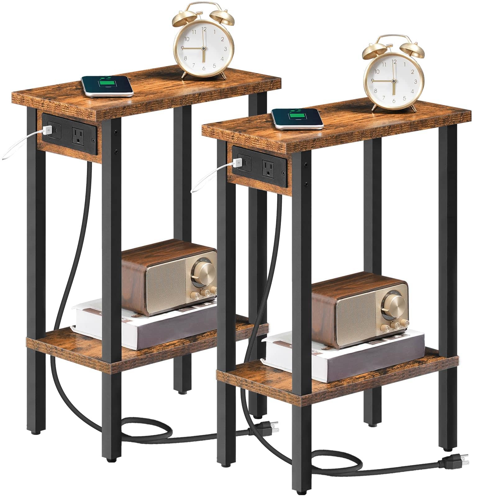 PO3TICJUNKI3 - Narrow Side Table 2-tier Slim End With Charging Station Skinny Nightstand Open Storage For Spaces Living Ro - Rustic Brown + Black