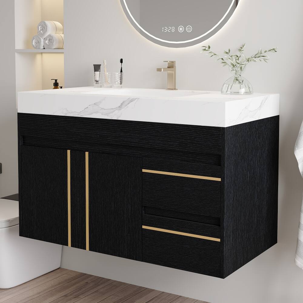 Alt View 1. Loheer - Loheer 36 inch floating bathroom vanity with ceramic sink and sintered stone top, black and white - Black, White.