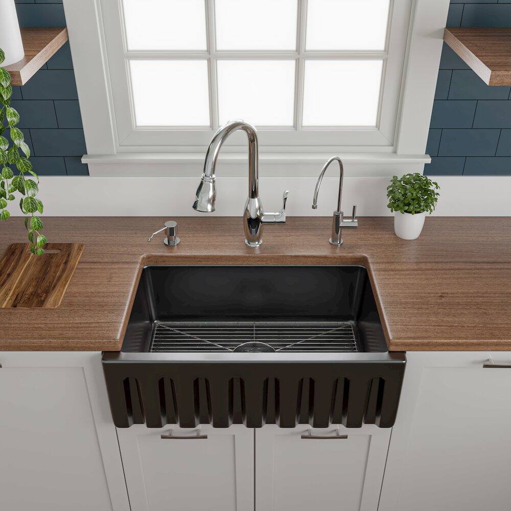 Alt View 6. Alfi - ALFI brand 30 Black Gloss Reversible Smooth / Fluted Single Bowl Fireclay Farm Sink - Black Gloss.