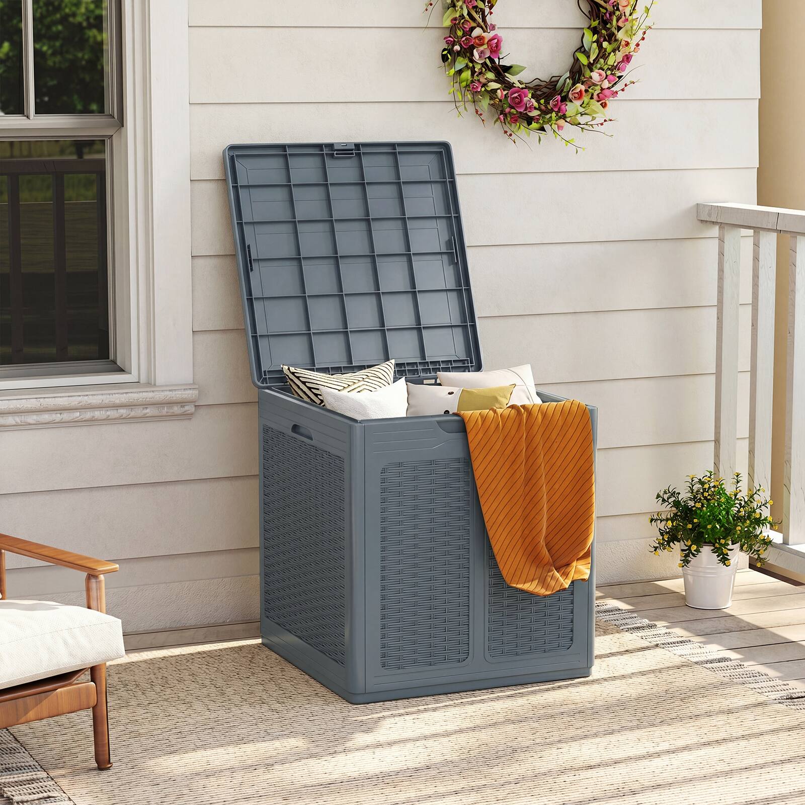 Alt View 1. Costway - Costway 39 Gallon Outdoor Storage Box with Rattan Patterns & Lockable Lid for Garden Tools - Gray.