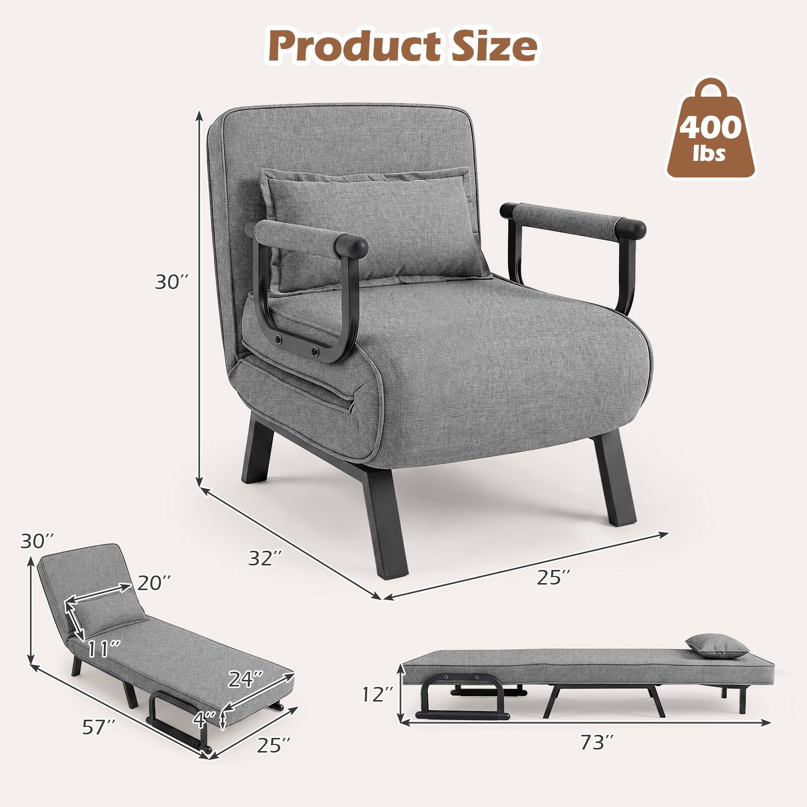 Product Size: 400 lbs, 30" x 30" x 20" x 32" x 25" x 11" x 57" x 24" x 4" x 25" x 12" x 73"