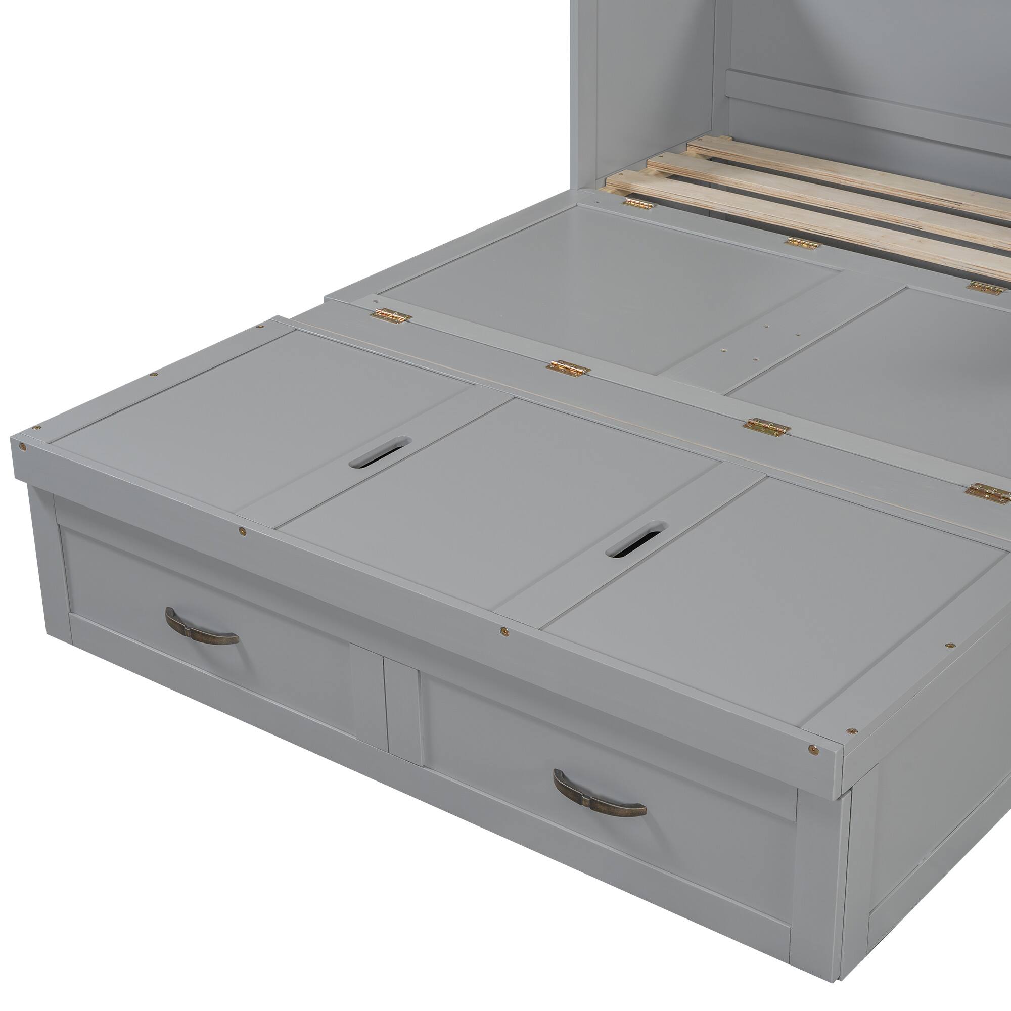Alt View 7. Tiramisubest - Full Size Gray Murphy Bed with USB Ports, Drawers & Metal Handles, Solid Wood + MDF - Gray.
