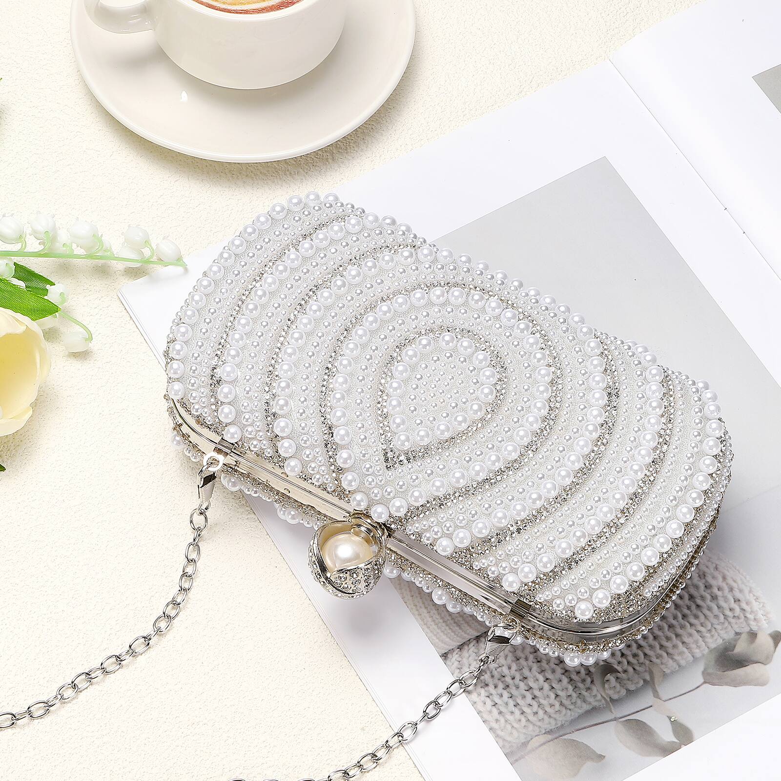 Alt View 5. Unique Bargains - Evening Clutch Purse for Women, Vintage Beads Buckle Clasp Handbag for Bridal Wedding 1920s Party Crossbody Bag - White.